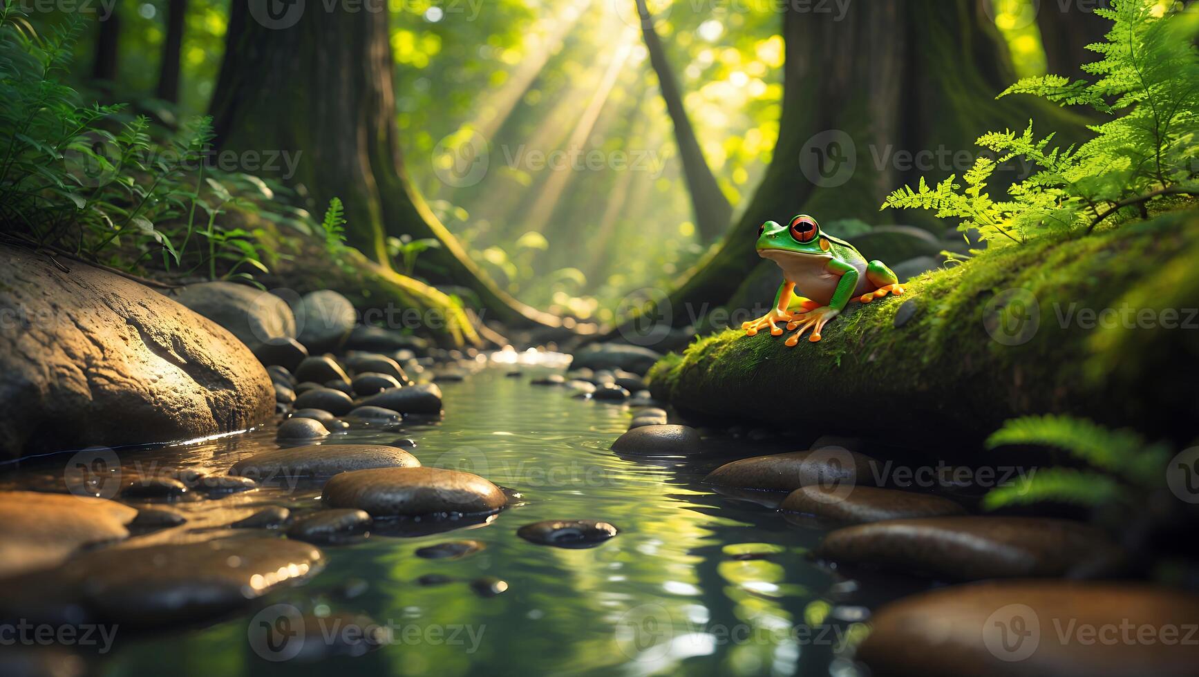 Frog Sitting on Mossy Log by Stream in Forest Sunlight photo