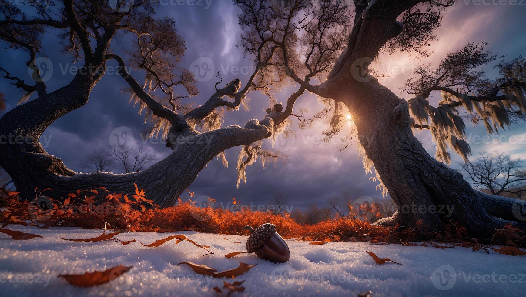 Winter Landscape with Bare Trees, Acorn on Snow, and Cloudy Sky photo
