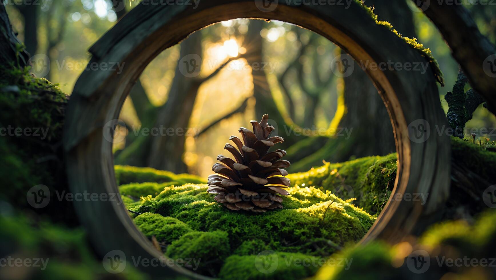 Pine Cone Resting on Mossy Forest Floor Seen Through Wooden Circle photo