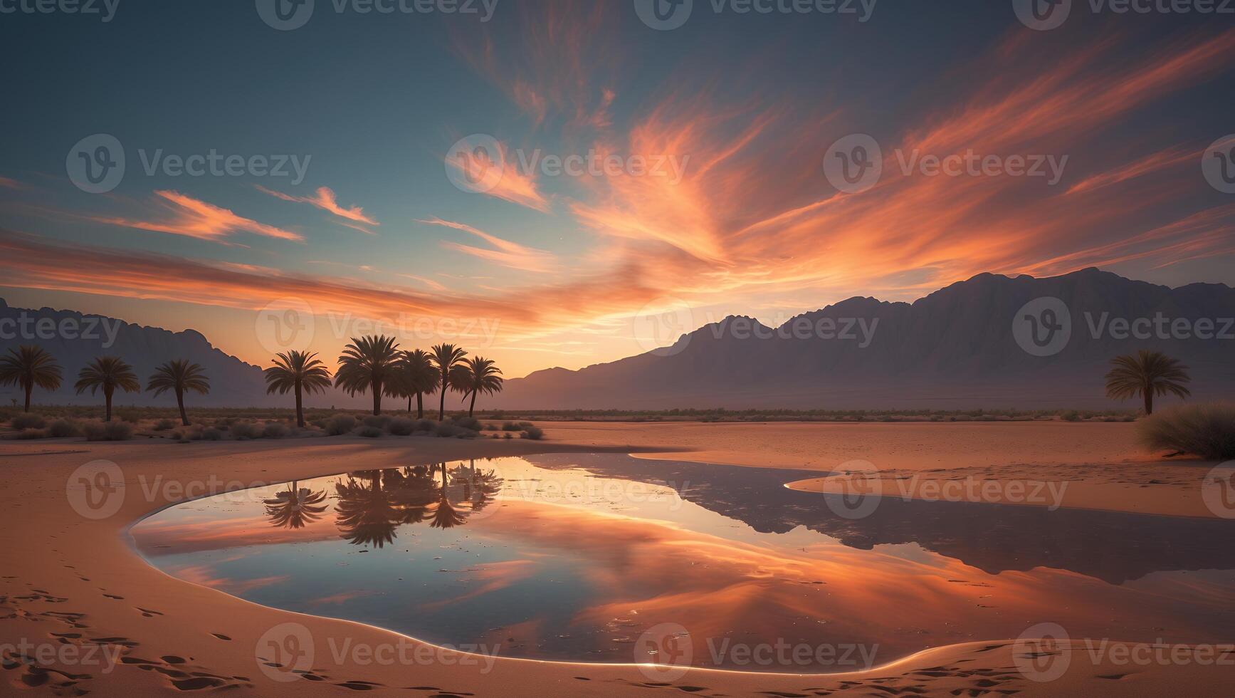 Calm Oasis Pool Reflecting Sunset Sky with Palm Trees Landscape photo
