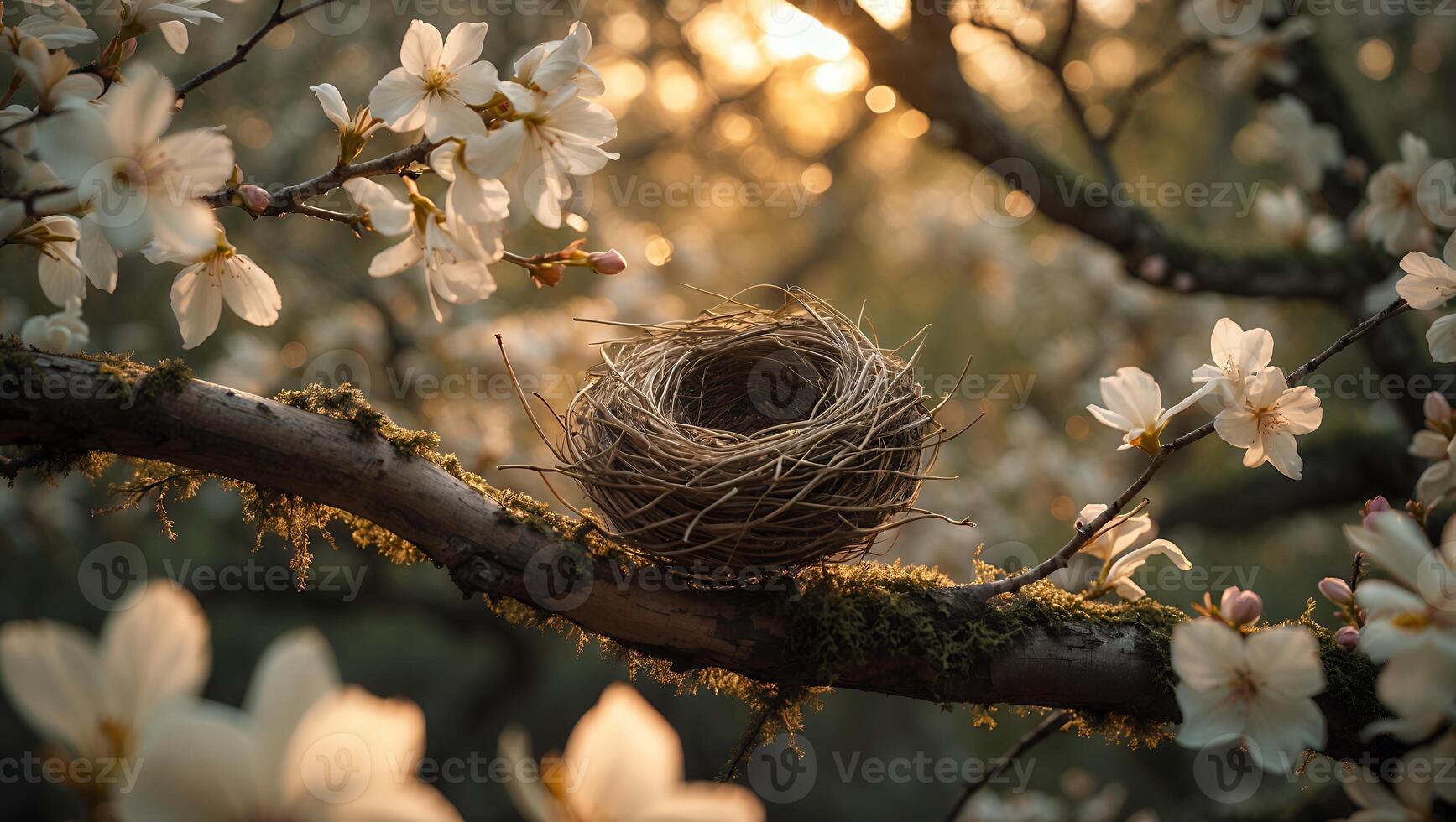 Empty Bird Nest on Mossy Branch Surrounded by Blossoming Tree Flowers photo