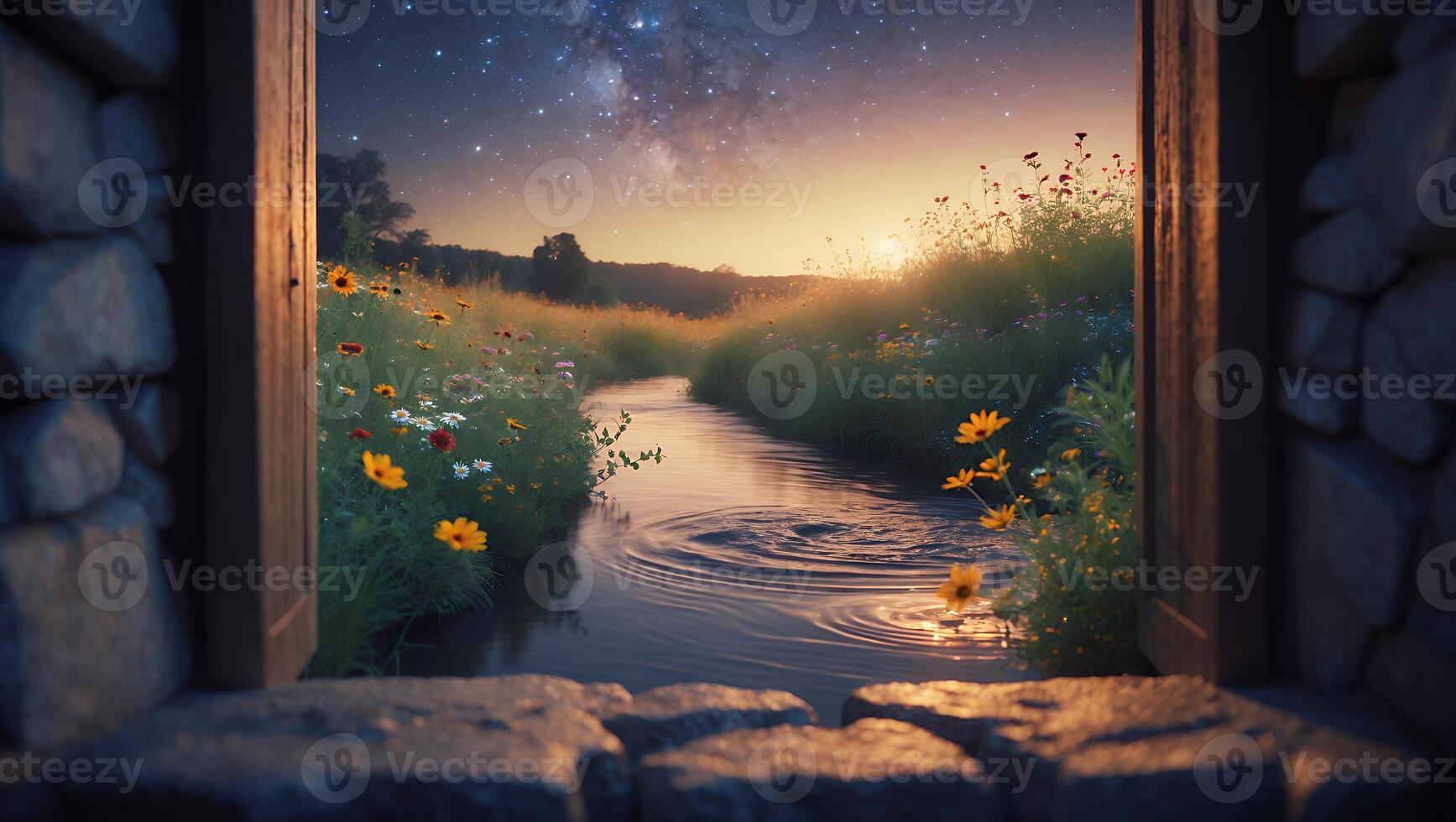 Viewing Night Sky and Stream Through Stone Window with Flowers photo