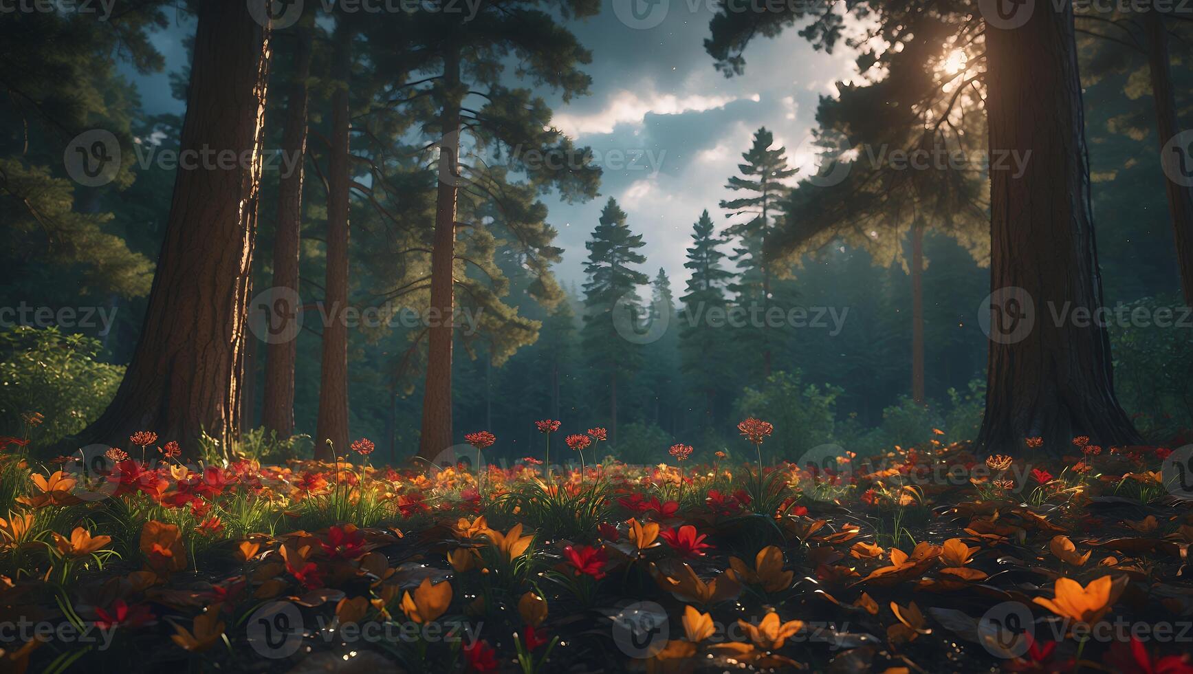 Exploring Forest Floor with Blooming Flowers and Tall Trees Scenery photo