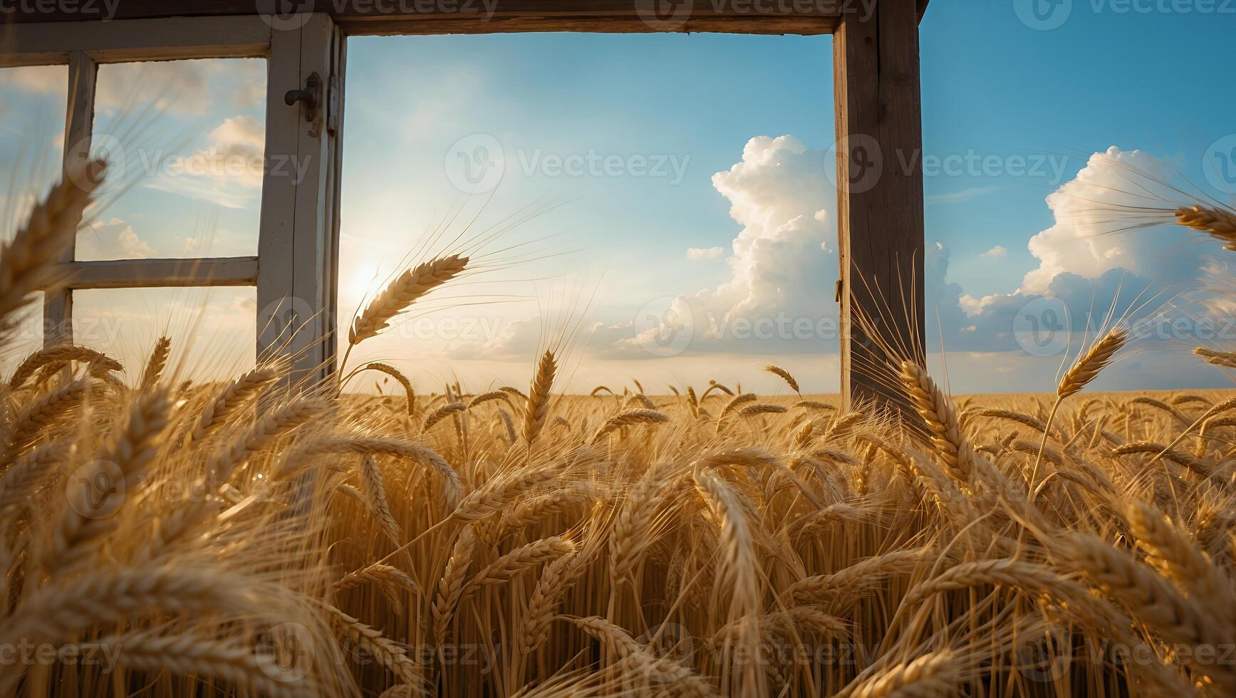 Wheat Field Viewed Through Window Frame on Sunny Day photo