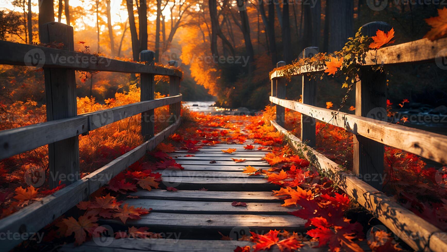 Walking Wooden Bridge Covered in Autumn Leaves Over Stream in Forest photo