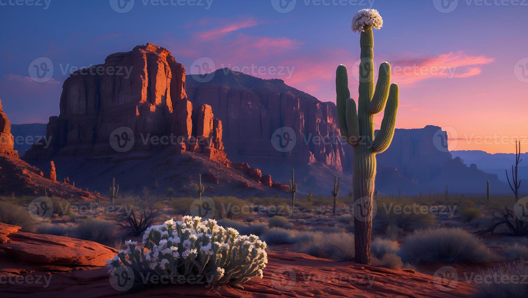 Flowering Cactus in Desert Landscape at Sunset with Red Rocks photo
