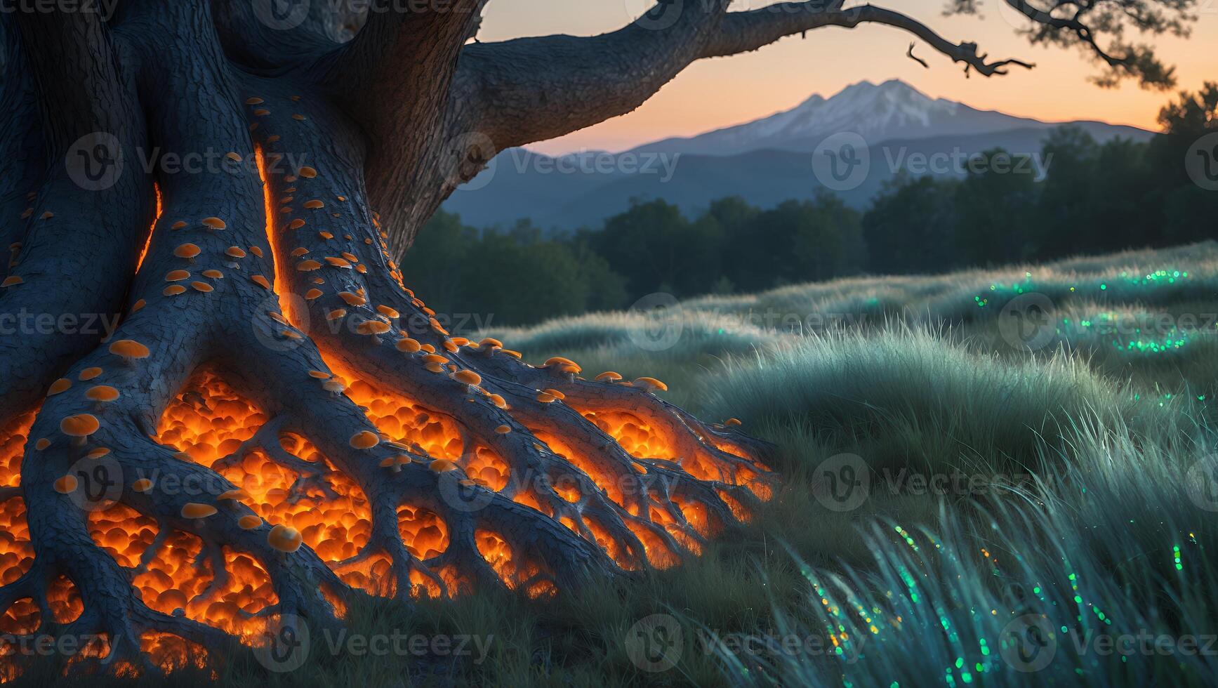 Enchanting Tree Roots Glow at Sunset in Mountain Meadow photo
