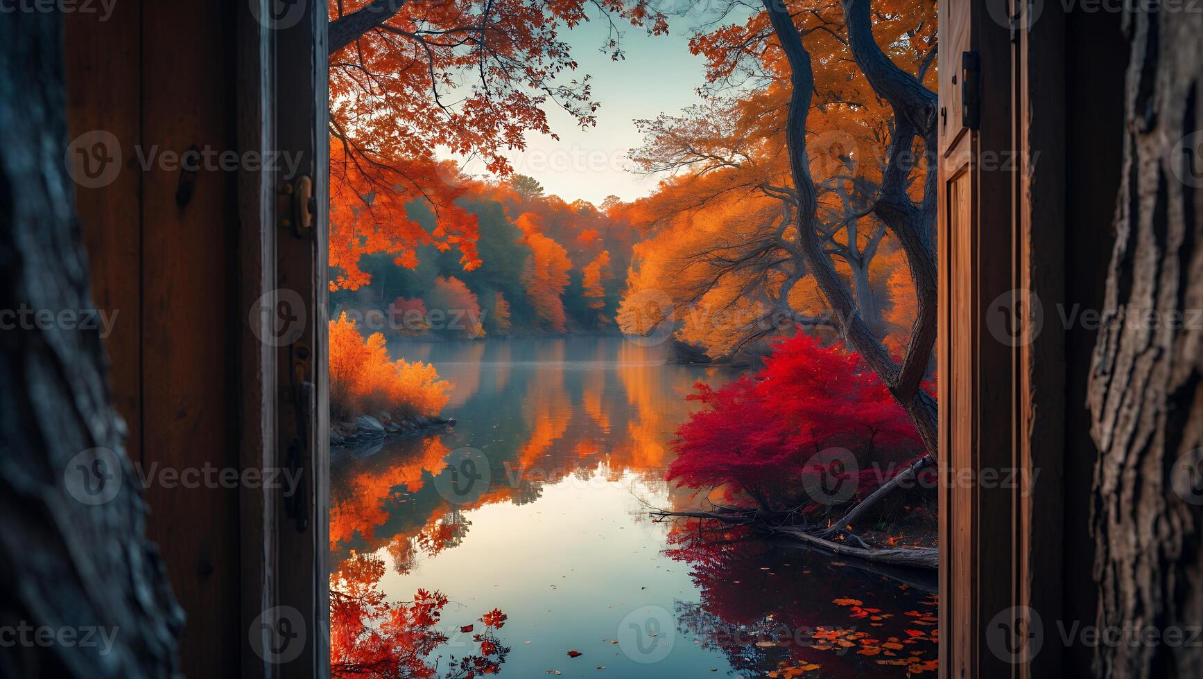 Viewing Autumn Forest Lake Through Open Door with Colorful Reflections photo