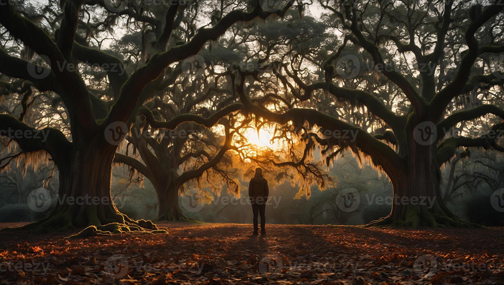 Person Walking in Forest with Ancient Oak Trees and Golden Sunset photo