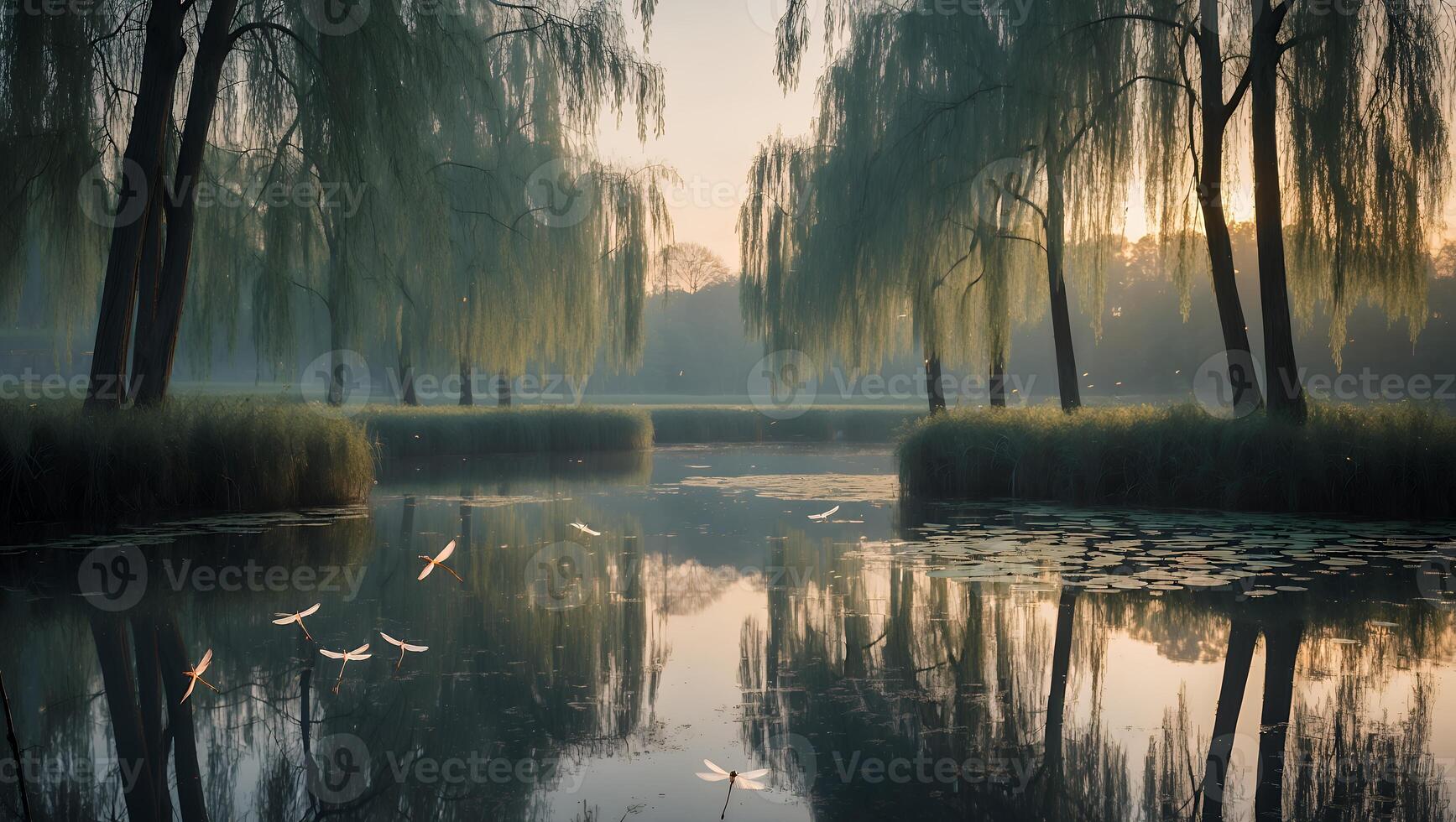 Calm Pond Reflecting Willow Trees and Flying Insects at Dawn photo