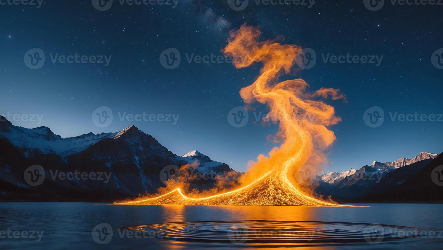 Fiery Glow Rising From Lake Water with Mountain Backdrop at Night photo