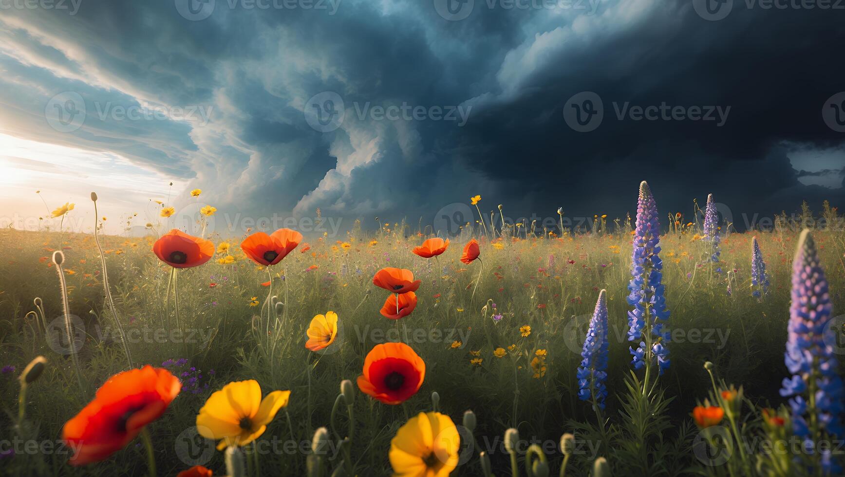 Vibrant Meadow with Poppies and Lupines Under Dramatic Cloudy Sky photo