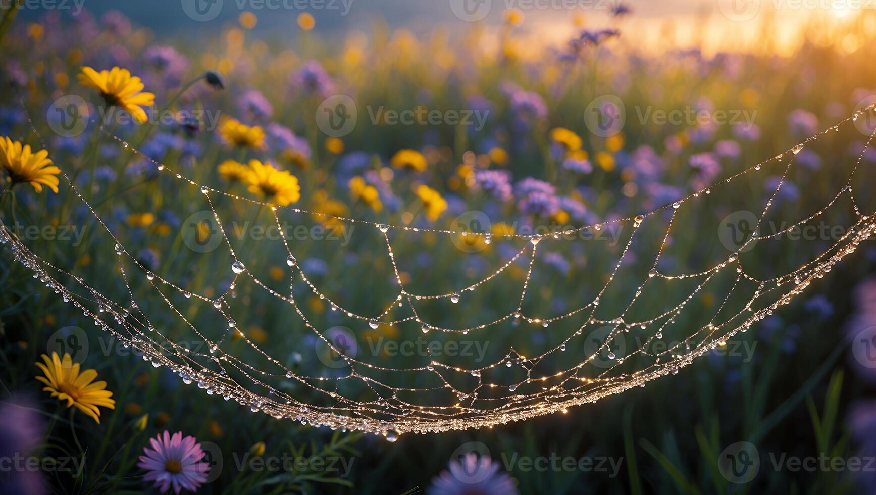 Spiderweb Covered in Dew Drops with Wildflowers in Soft Light photo