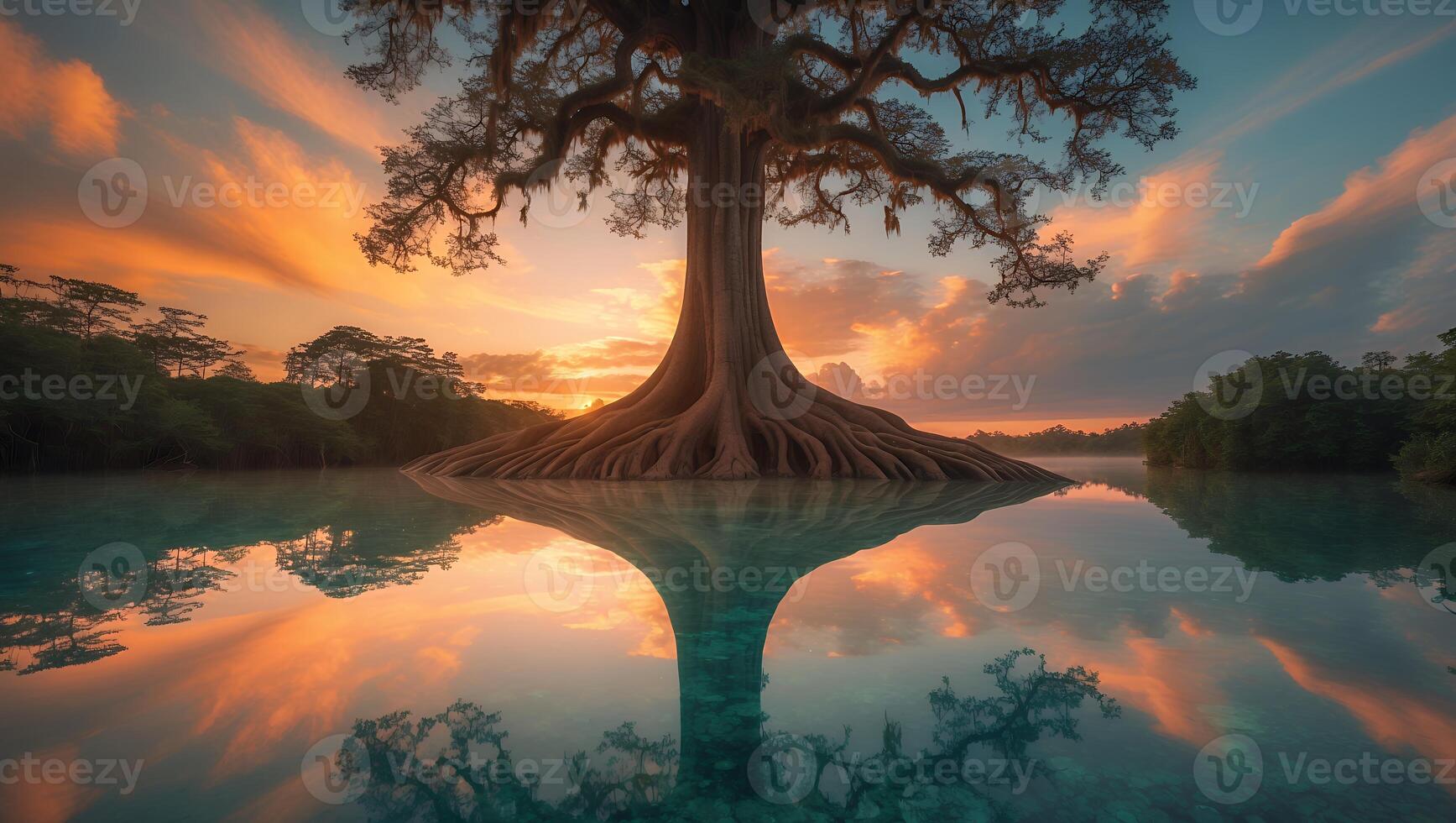 Reflecting Tree in Tranquil Water at Sunset with Colorful Sky photo