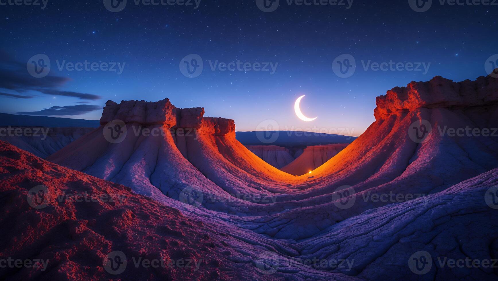 Crescent Moon Rising Over Desert Landscape with Vibrant Colored Light photo