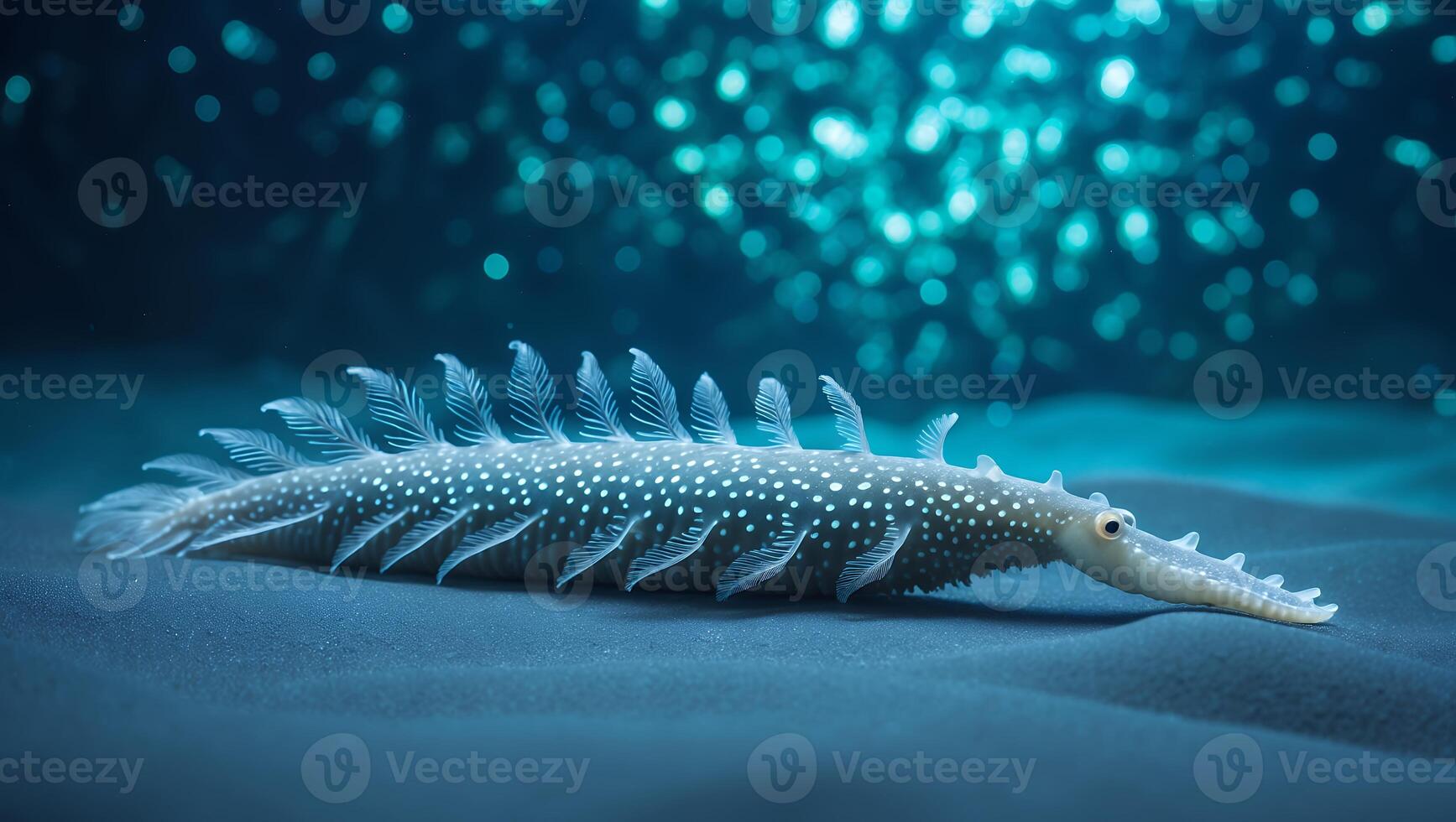 Spotted Fish Resting on Sand in Underwater Scene with Bokeh photo