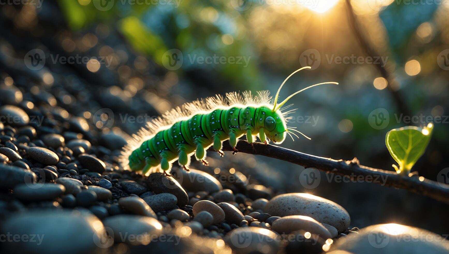 Green Caterpillar Walking on Twig in Nature with Sunlight photo
