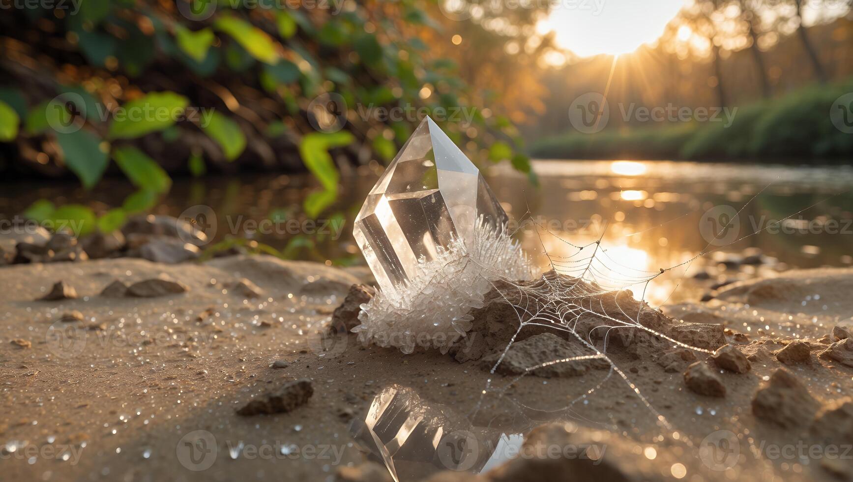 Quartz Crystal Point Shines on Sandy Shore with Web Near River photo