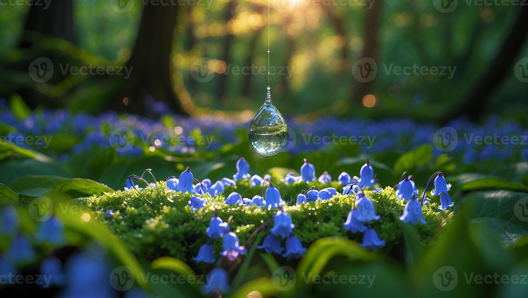 Water Drop Reflecting Forest Over Blue Wildflowers on Mossy Ground photo