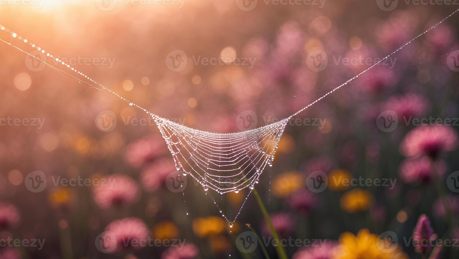 Delicate Cobweb Adorned with Dewdrops and a Backdrop of Flowers photo