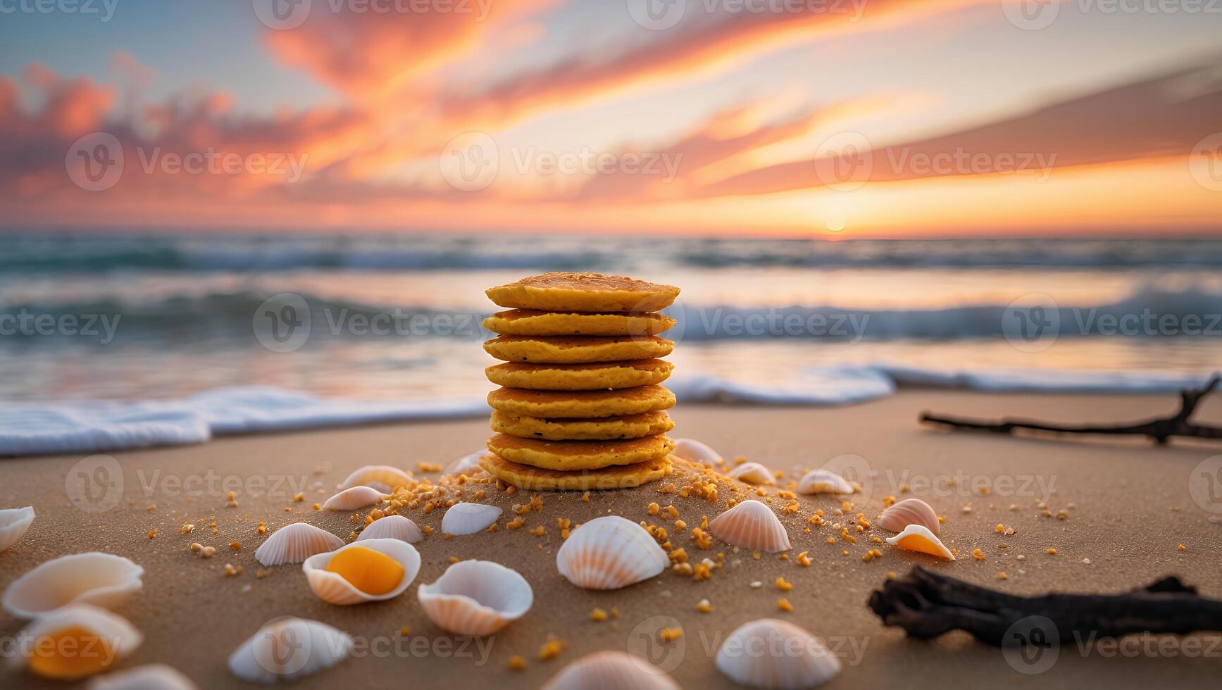 Pancake Stack at Beach During Sunset Surrounded by Sea Shells photo