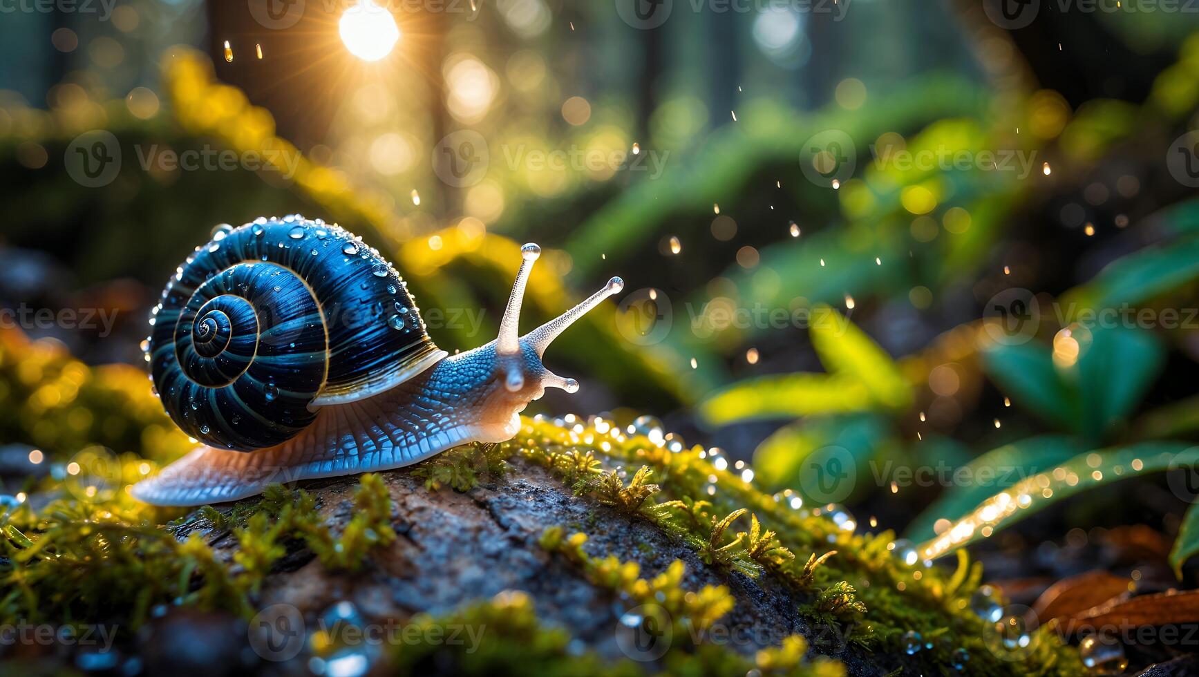 Snail Crawling on Mossy Rock in Forest with Sunlight and Rain photo