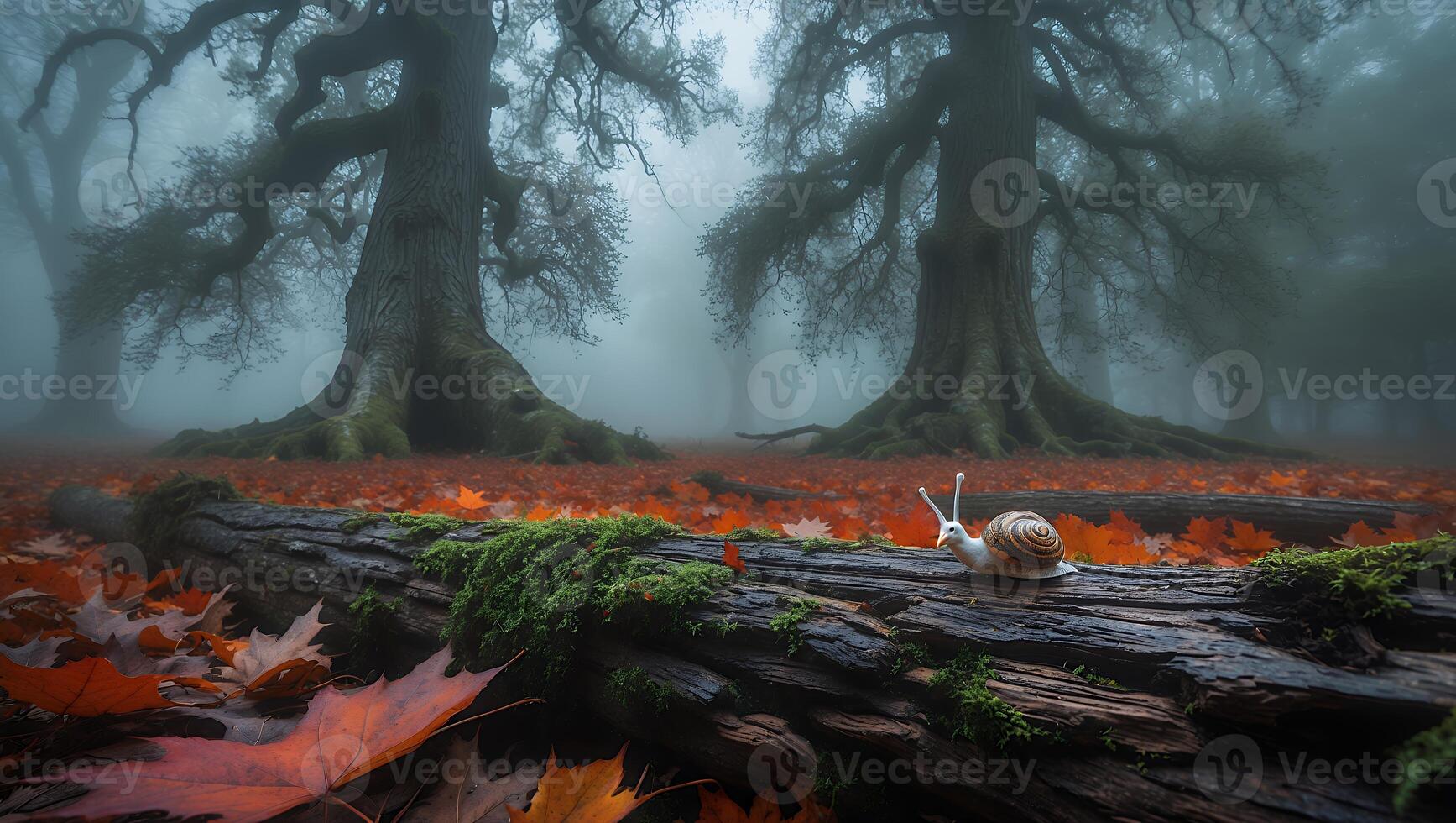 Snail Crawling on Log in Autumn Forest with Foggy Background photo
