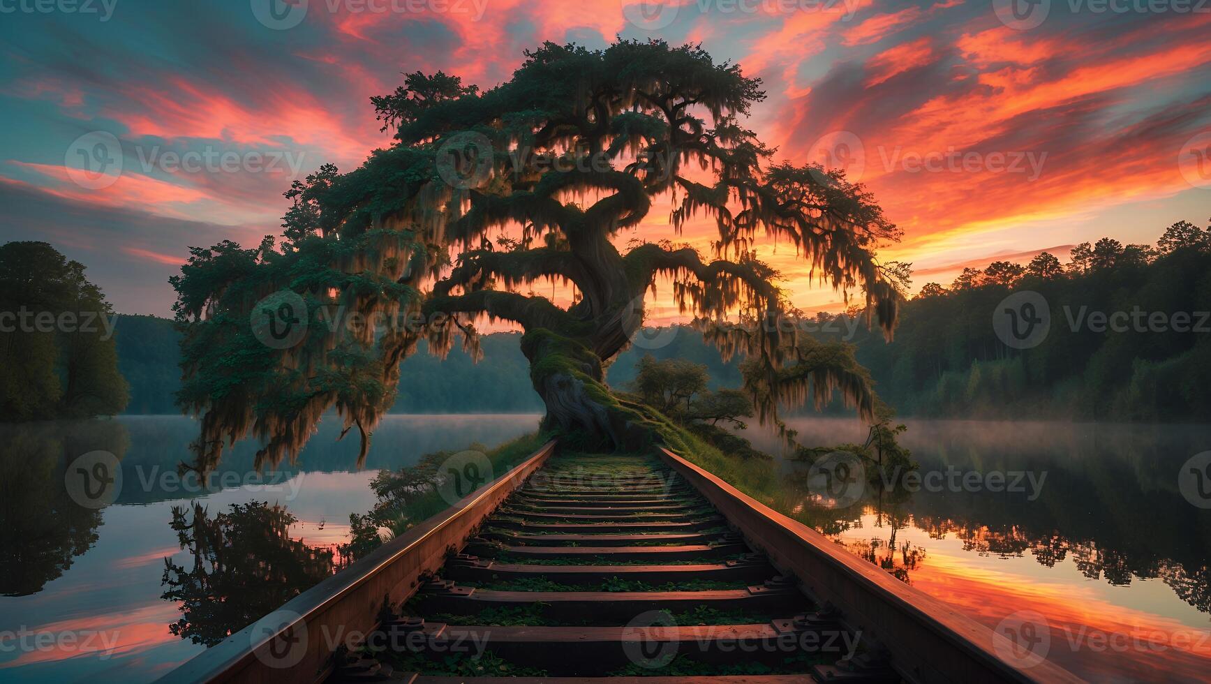 Dramatic Sunset Sky Reflecting on Lake with Tree and Railroad Tracks photo