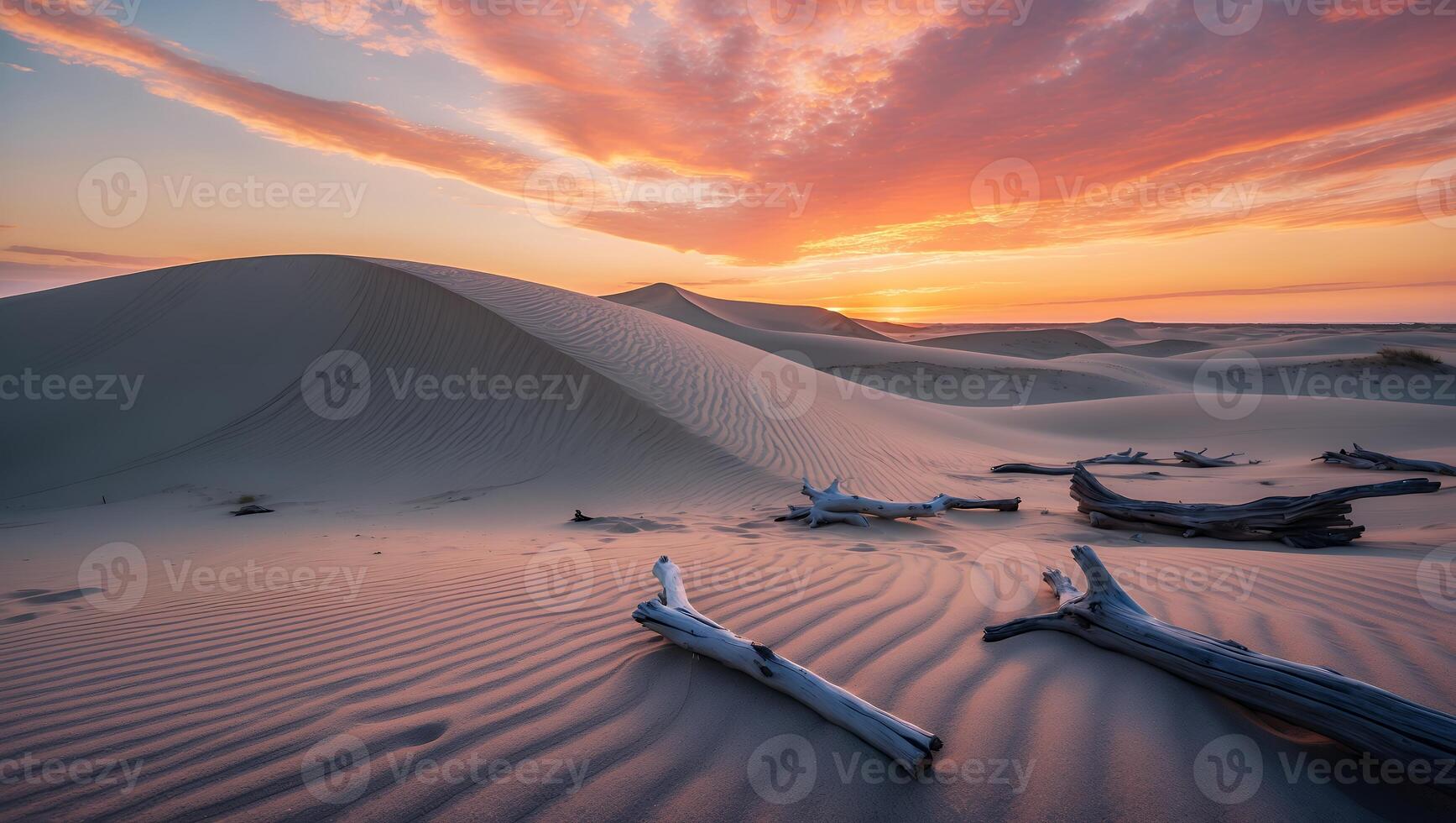 Exploring Sand Dunes at Sunset with Driftwood and Striped Patterns photo