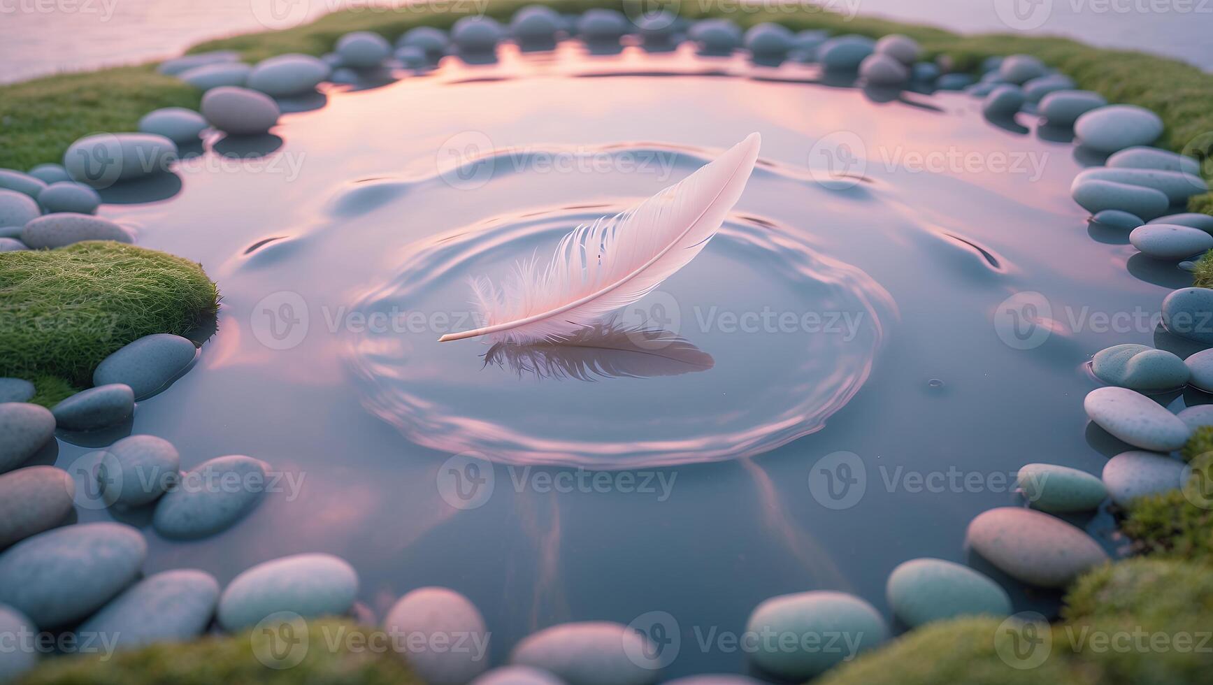 Feather Floating on Water Surrounded by Stones and Moss photo