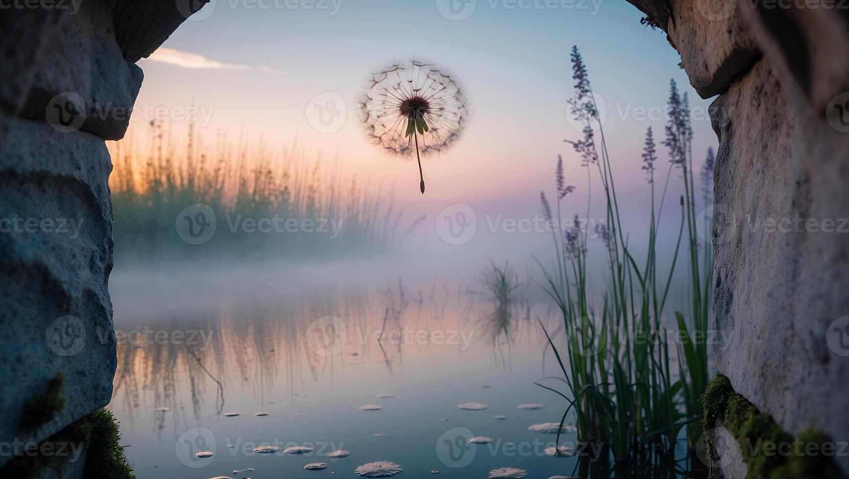 Dandelion Seed Floating Over Misty Water Viewed Through Stone Structure photo