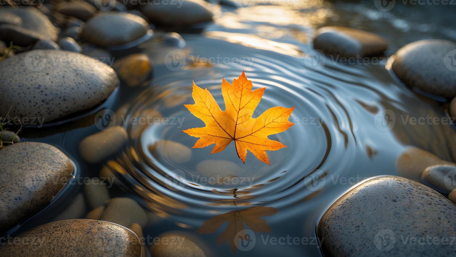 Floating Autumn Leaf Creating Ripples in Water Near Smooth Stones photo
