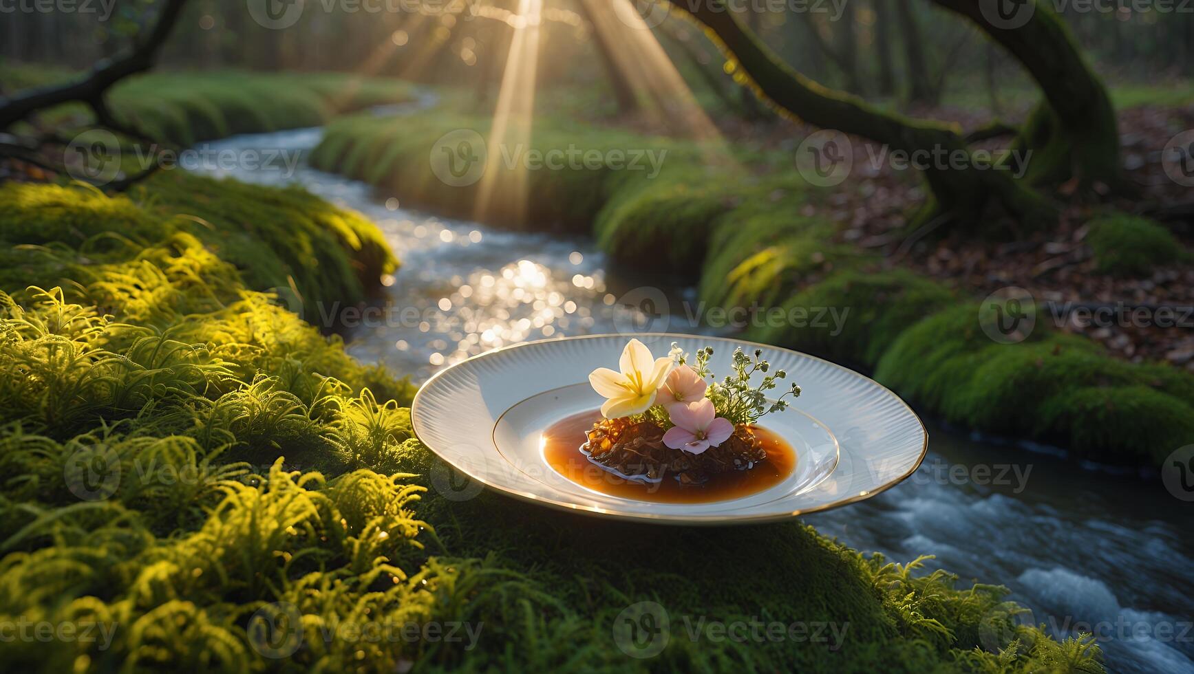 Elegant Food Presentation with Flowers on Plate in Mossy Forest photo