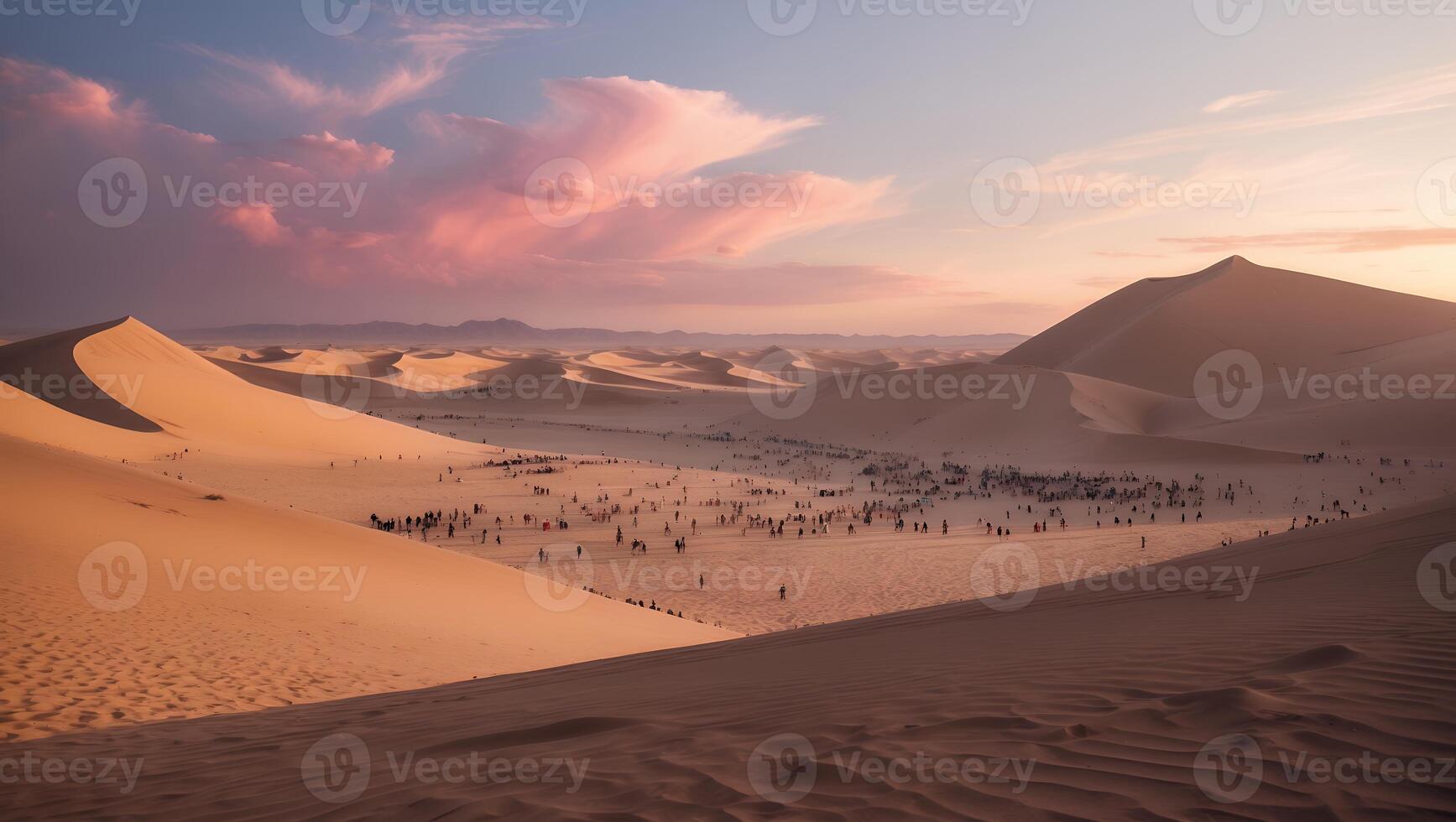 Walking Through Desert Sands at Dusk with Pink Cloudscape photo