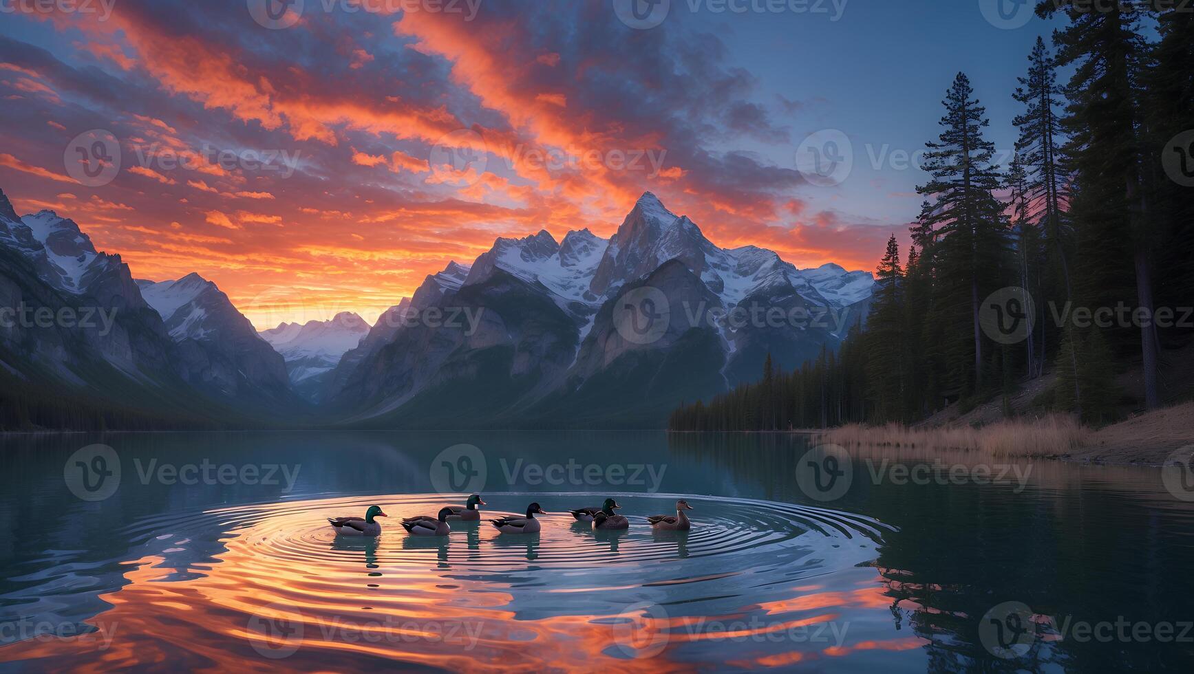 Ducks Swimming on Lake at Sunset with Snowy Mountain Backdrop photo