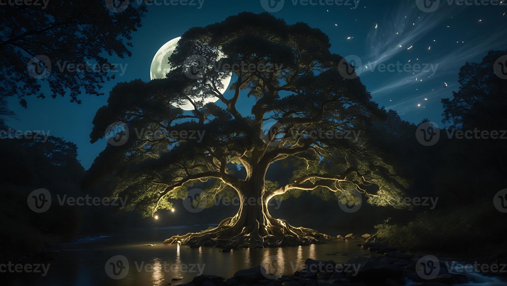 Majestic Tree by Water Illuminated Under a Full Moon at Night photo