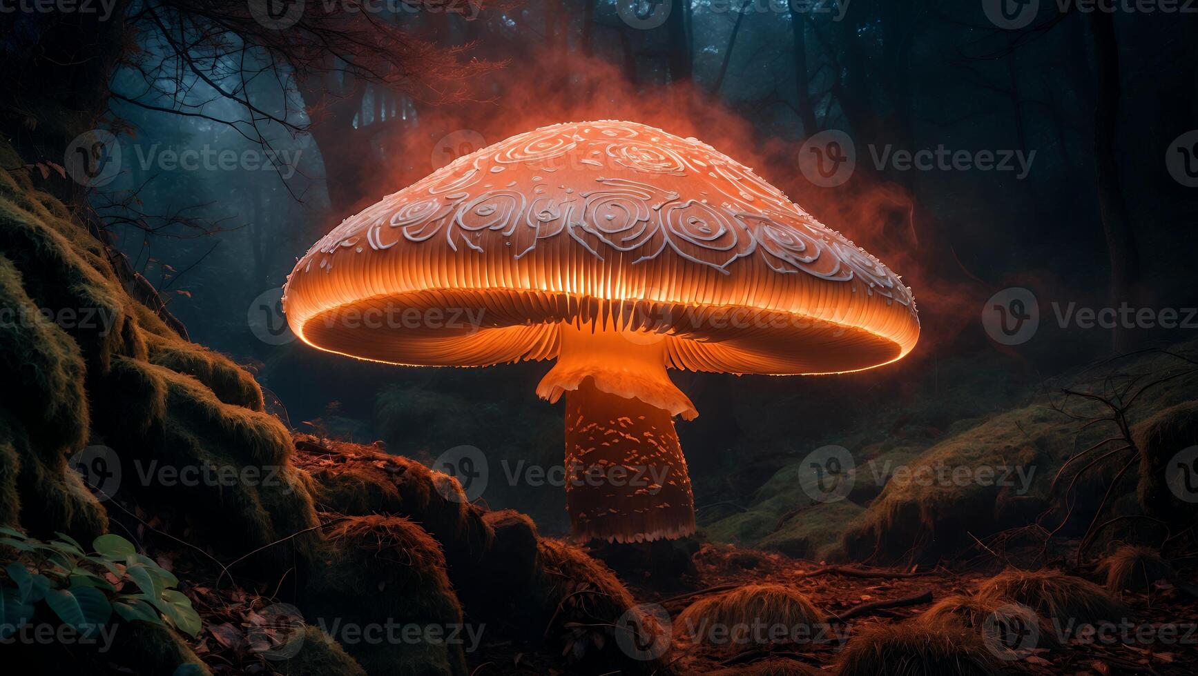 Glowing Mushroom in Forest Landscape with Mossy Ground and Mist photo