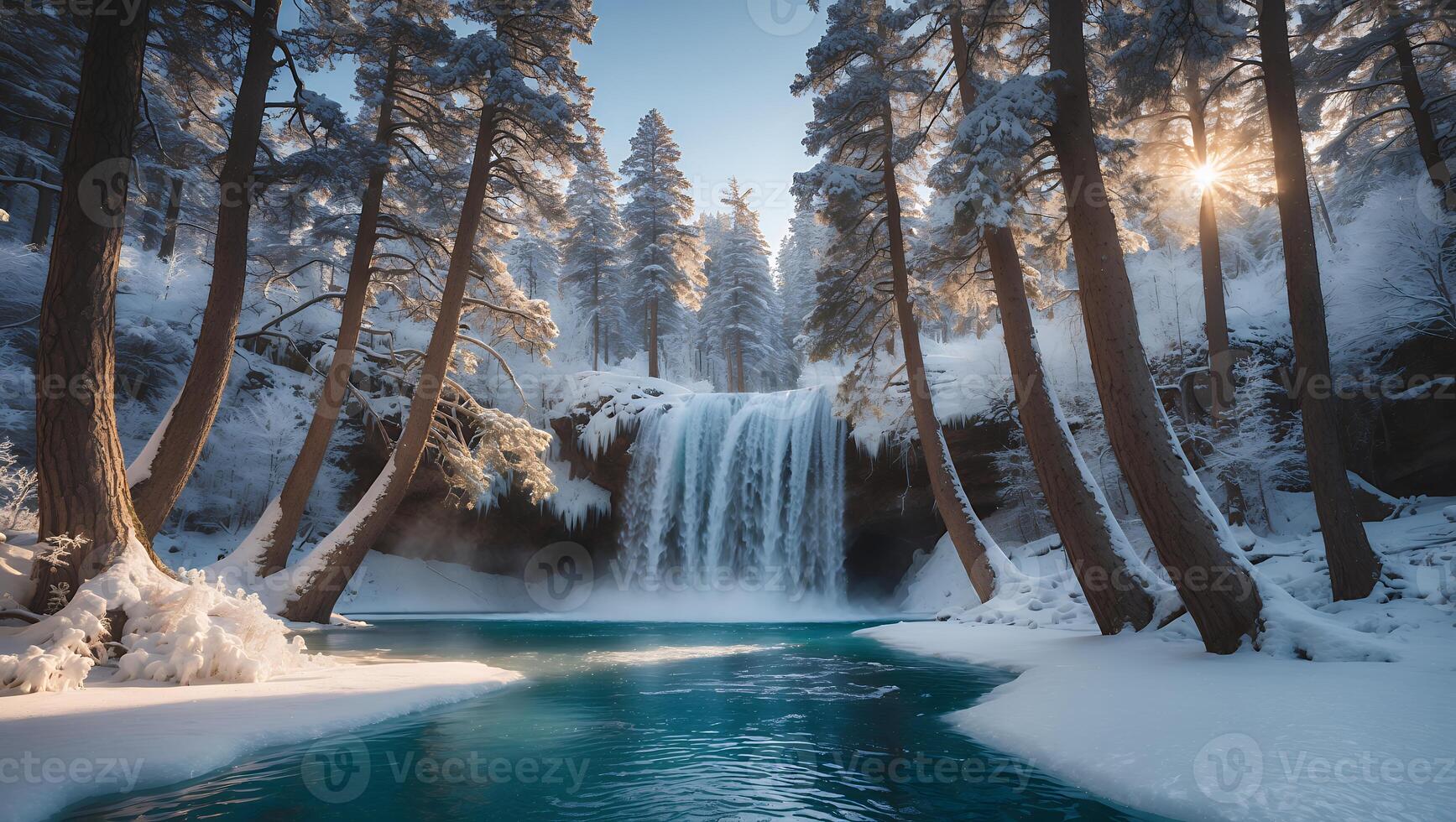 Waterfall Scene in Winter Forest with Turquoise Water and Sunlight photo
