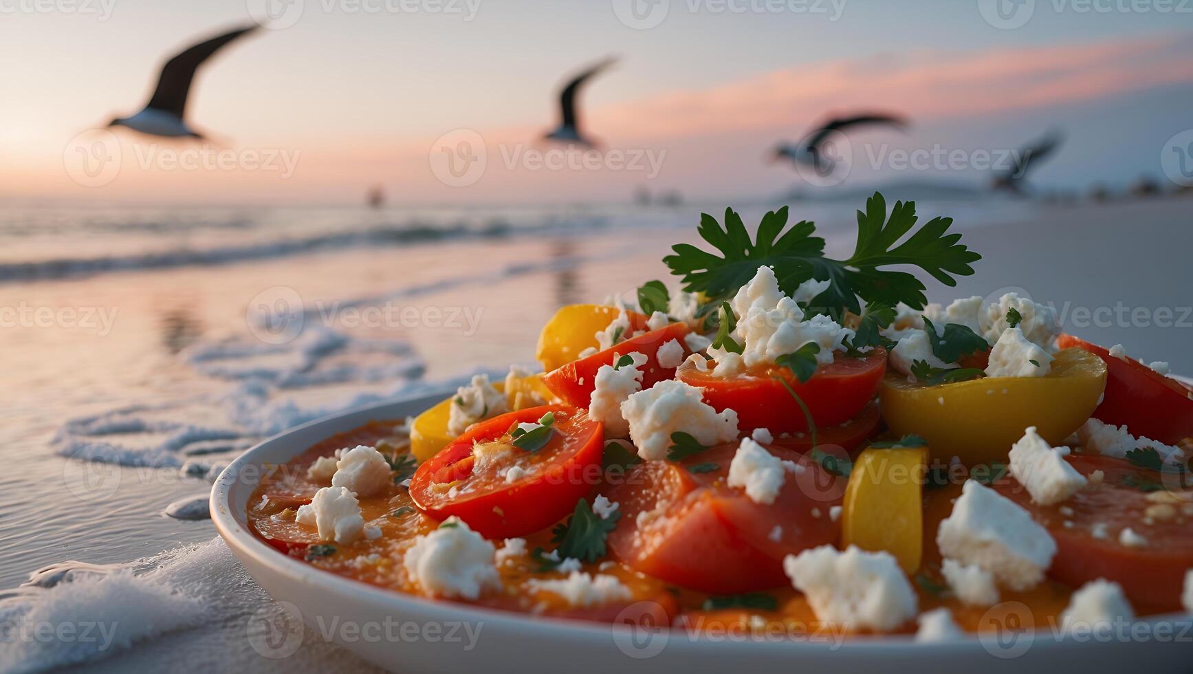 Tomato Salad with Feta Cheese by the Ocean at Sunset photo