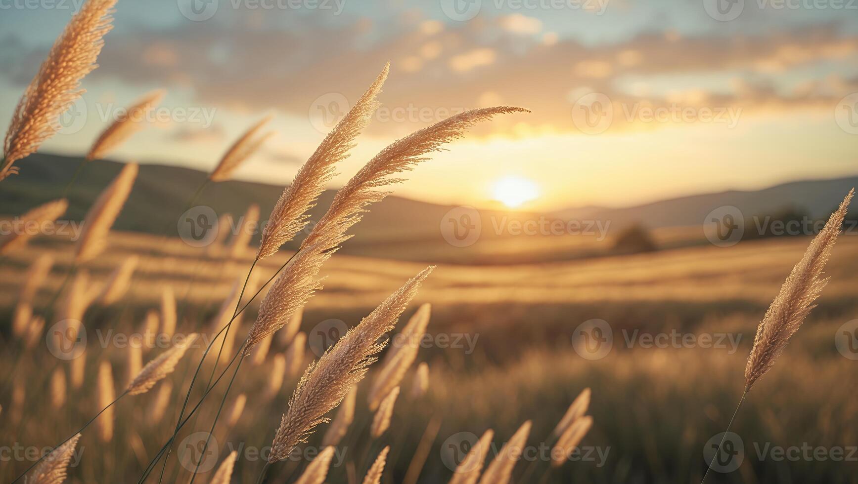 Golden Grass Field at Sunset with Warm Light and Rolling Hills photo