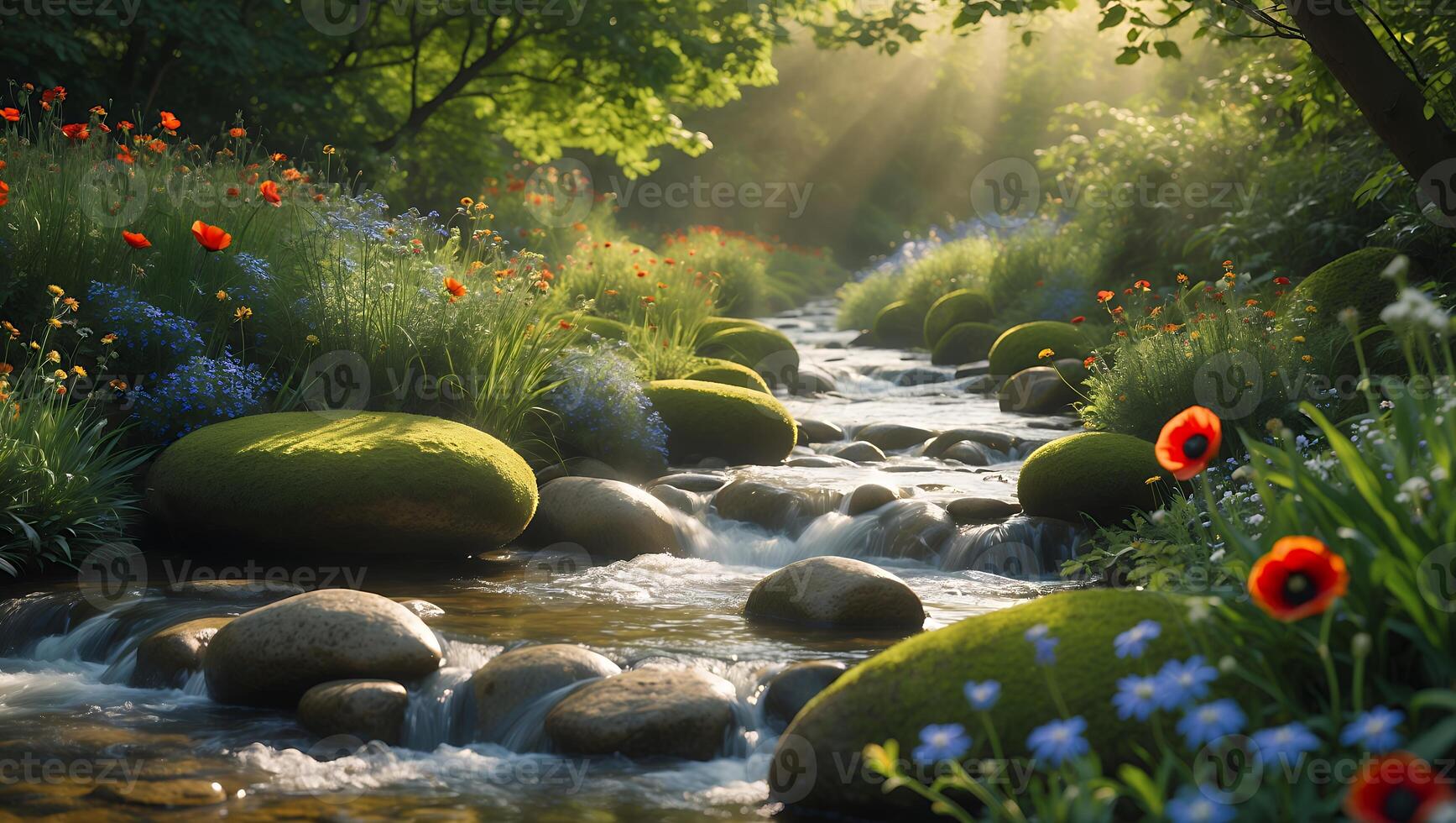 Flowing River Through Lush Green Forest with Mossy Stones and Wildflowers photo