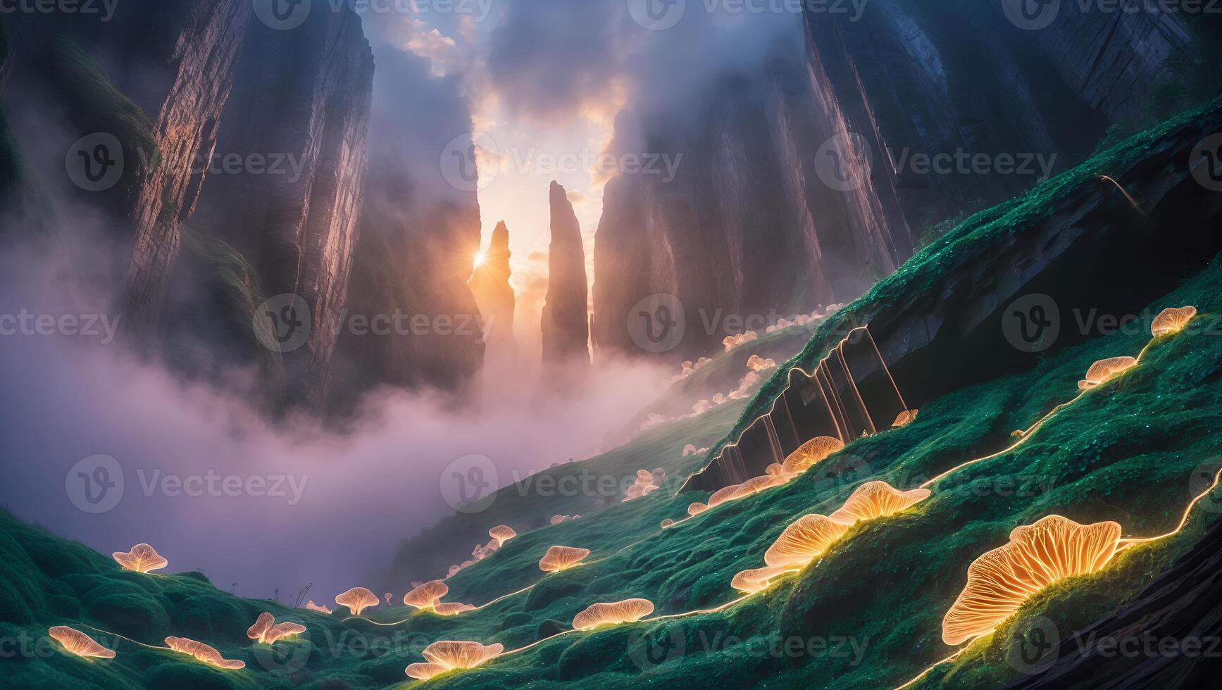 Glowing Mushrooms on Hillside at Dusk with Towering Rock Formations photo