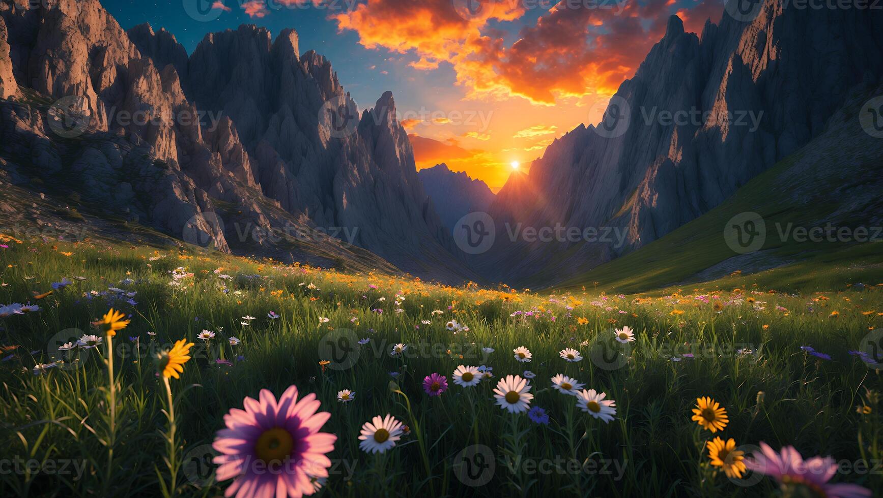 Meadow of Flowers in Mountain Valley at Sunset with Vibrant Sky photo