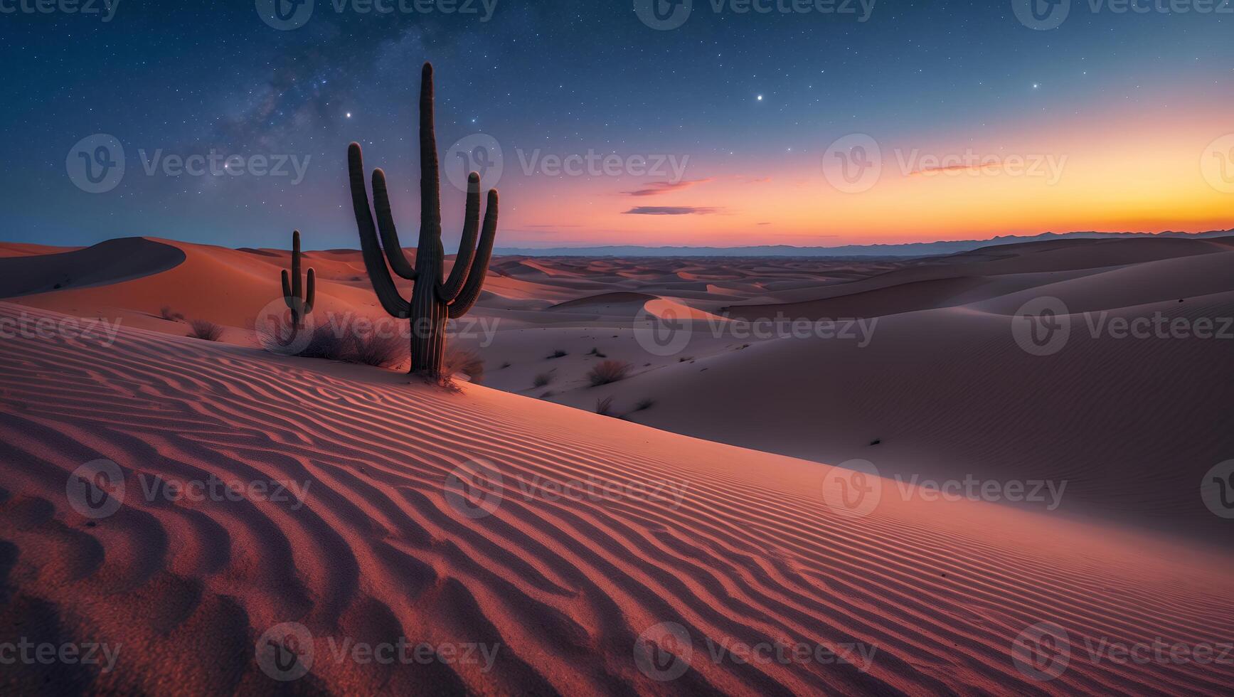 Cactus in Desert Landscape at Dusk with Striking Sand Dunes Pattern photo
