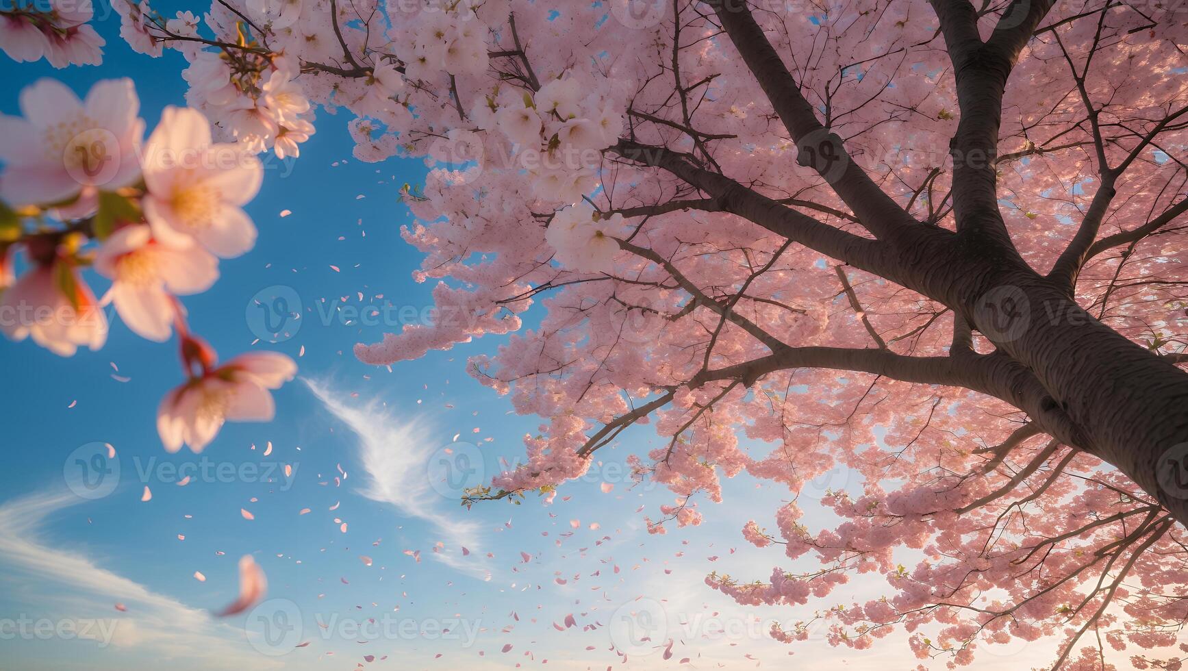 Blooming Cherry Blossom Tree with Petals Falling on Blue Sky photo