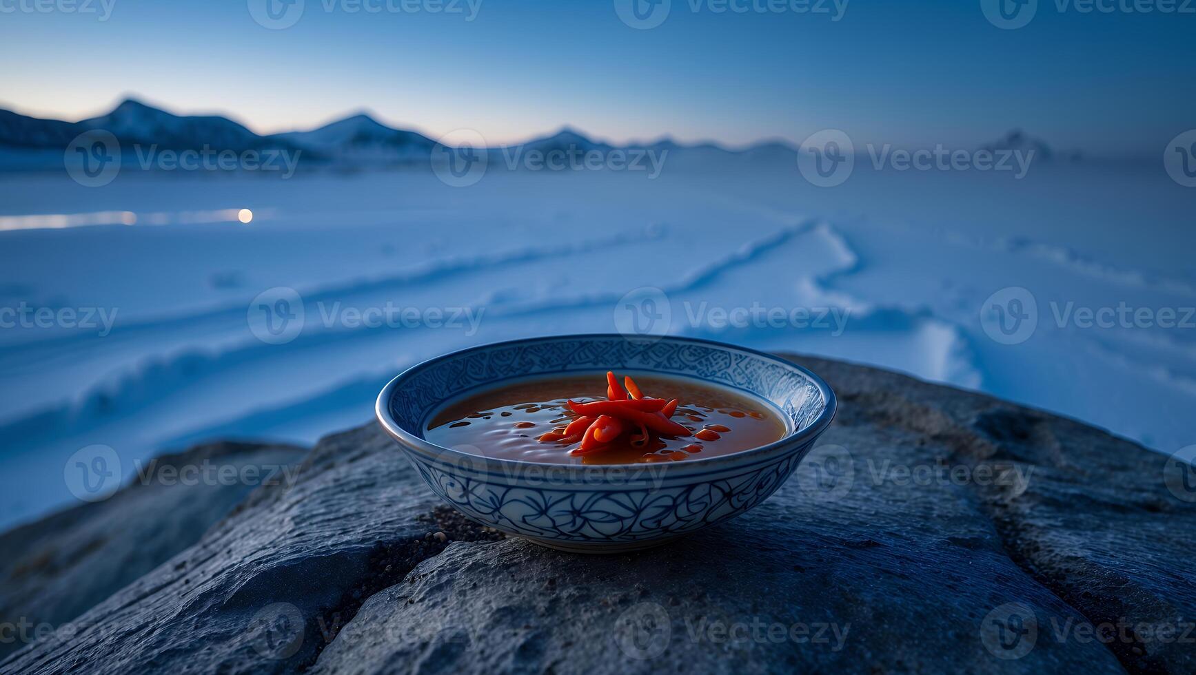 Bowl of Soup with Chili Peppers on Rock at Snowy Landscape photo
