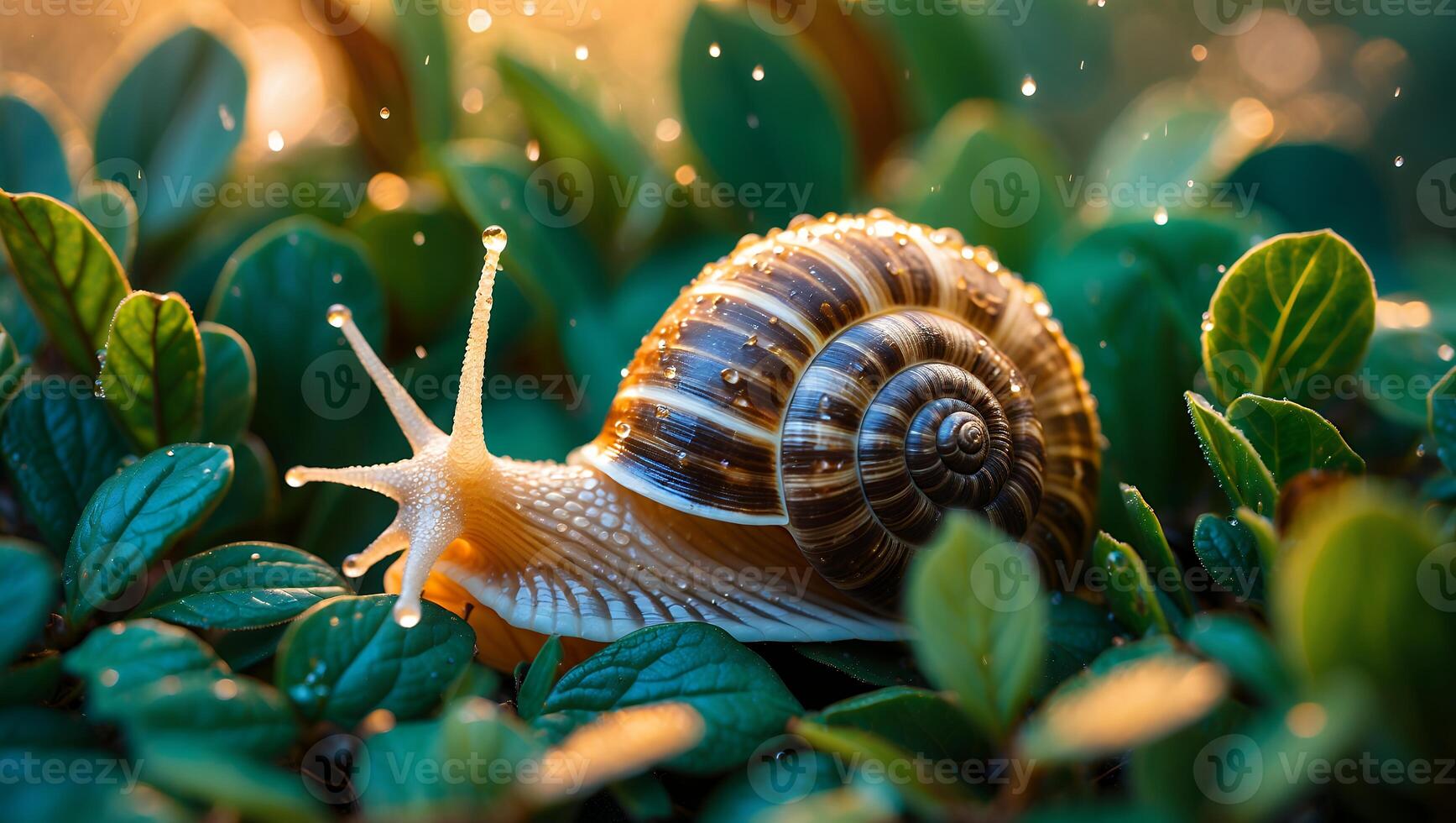 Snail Crawling on Green Leaves with Water Droplets Close-up photo