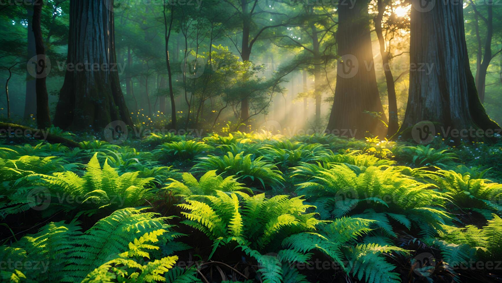 Ferns Growing in Lush Forest with Sunlight Streaming Through Trees photo