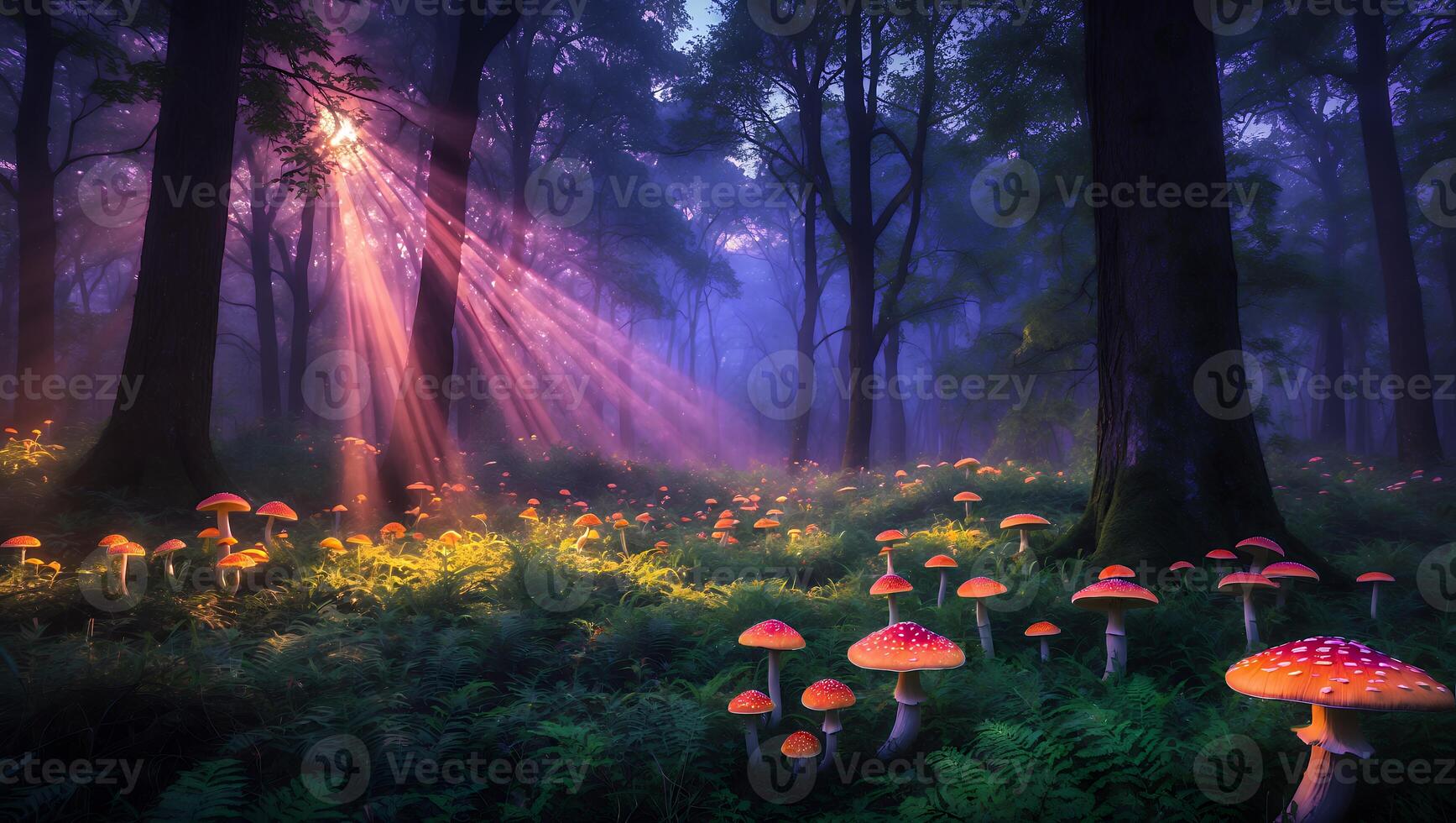 Mushrooms in Forest with Sunlight Rays, Fantasy and Dreamlike Atmosphere photo