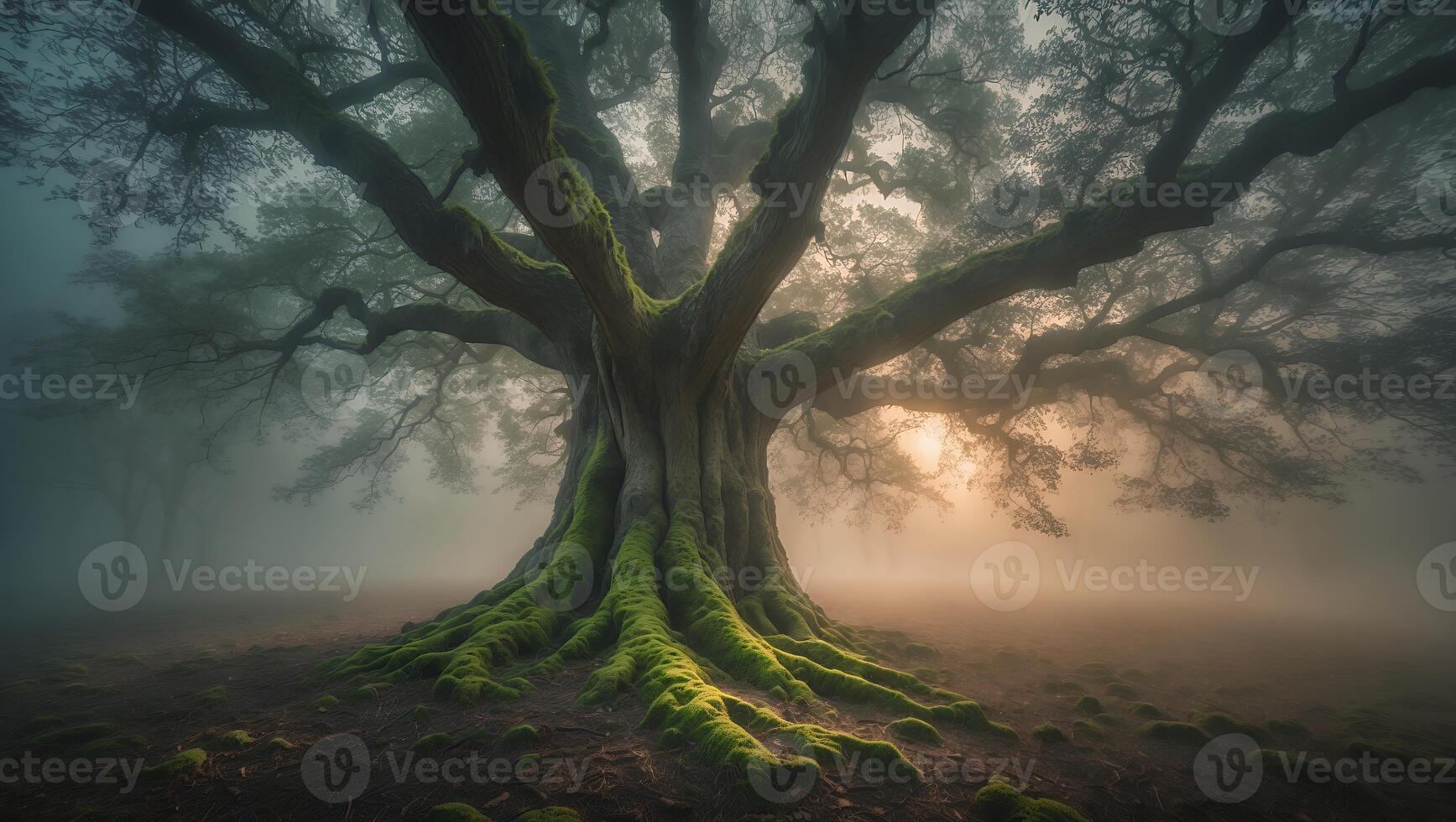 Majestic Old Tree in Foggy Forest with Mossy Roots photo